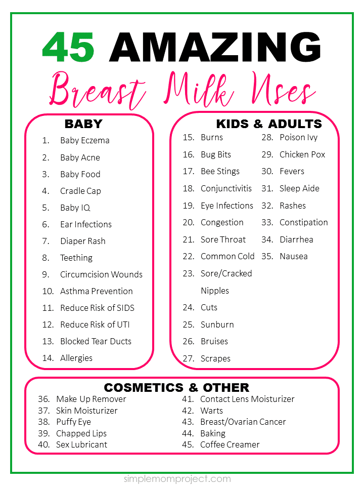 Read this post for 45 AWESOME breast milk uses, treatments and cures not only for baby, but for adults too! The cosmetic uses will shock you!