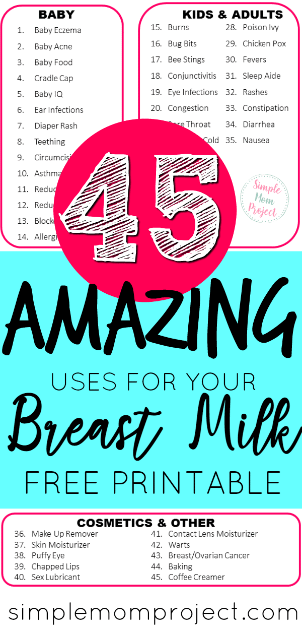 Read this post for 45 AWESOME breast milk uses, treatments and cures not only for baby, but for adults too! The cosmetic uses will shock you! FREE PRINTABLE