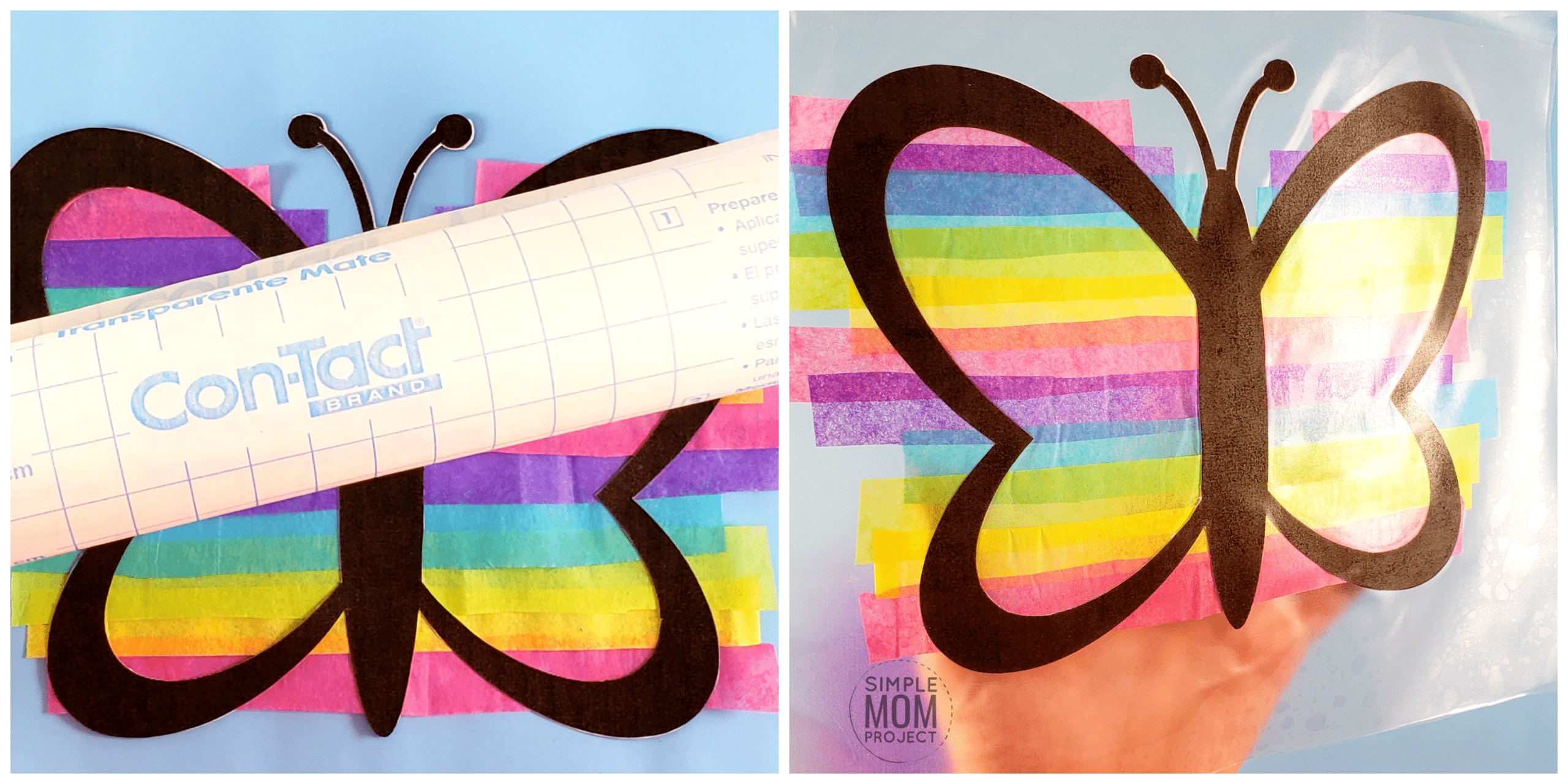 Print your FREE template and give your windows a fun stained glass effect with this easy, DIY Spring Butterfly Suncatcher craft! Great for kids, toddlers and adults! #Spring #springcrafts #SpringCrafts #ButterflyCrafts