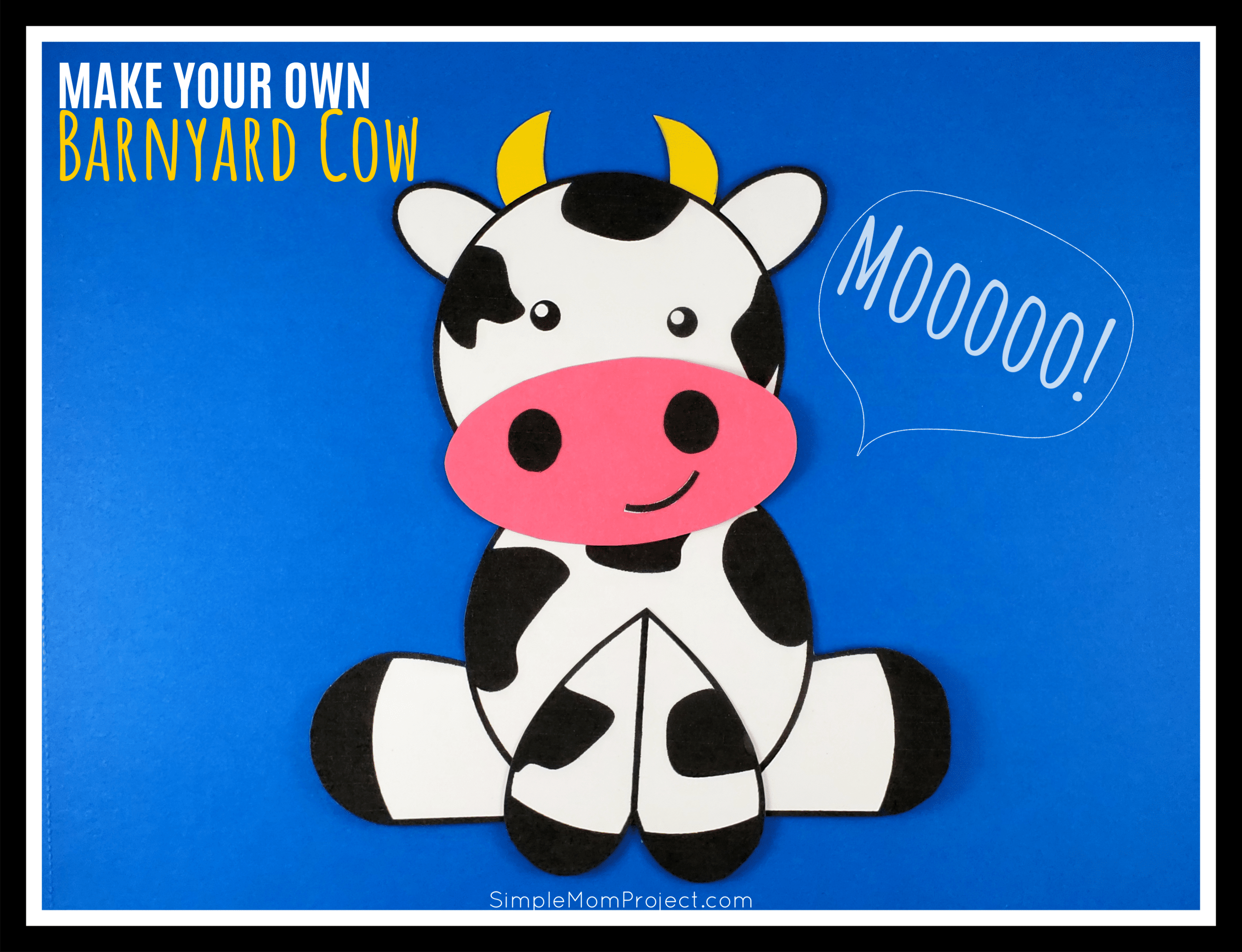 Use the FREE printable cow template to make this super cute and easy farm theme cow craft! This barnyard cow great for preschool toddlers and big kids! #FarmAnimals #FarmCrafts #FarmAnimalCrafts #CowCrafts