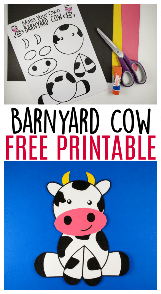 Use the FREE printable cow template to make this super cute and easy farm theme cow craft! This barnyard cow great for preschool toddlers and big kids! #FarmAnimals #FarmCrafts #FarmAnimalCrafts #CowCrafts