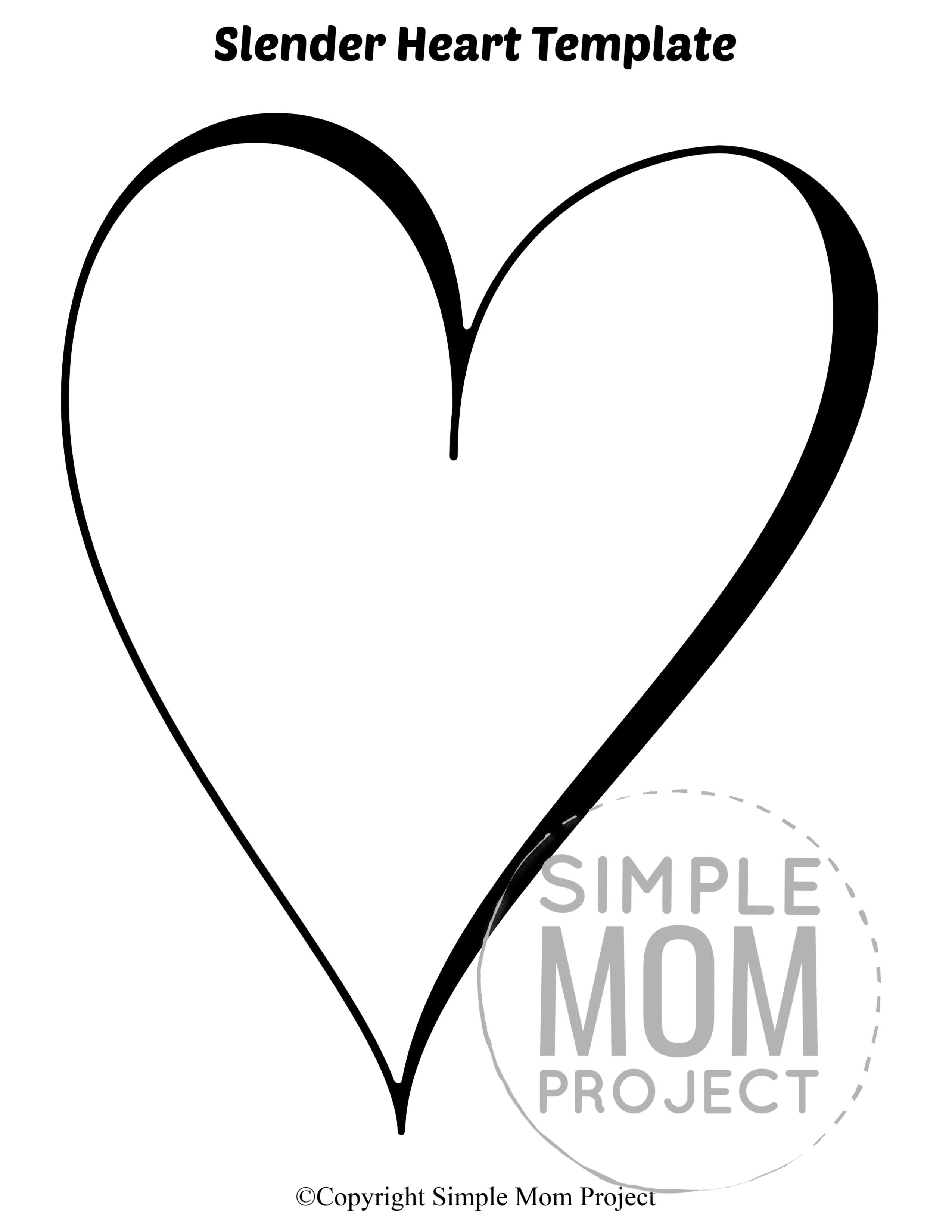 Slender Large Heart Shaped Template Full Page Cutout outline stencil