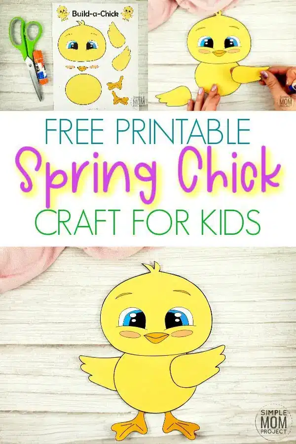 Looking for an easy baby chick craft idea to do with your kids this spring? Use our free printable farm chick template to build your own spring chick craft! This cute DIY spring craft is perfect for family worship, kindergarten, preschool and first grade class! #ChickCrafts #SpringChick #SimpleMomProject
