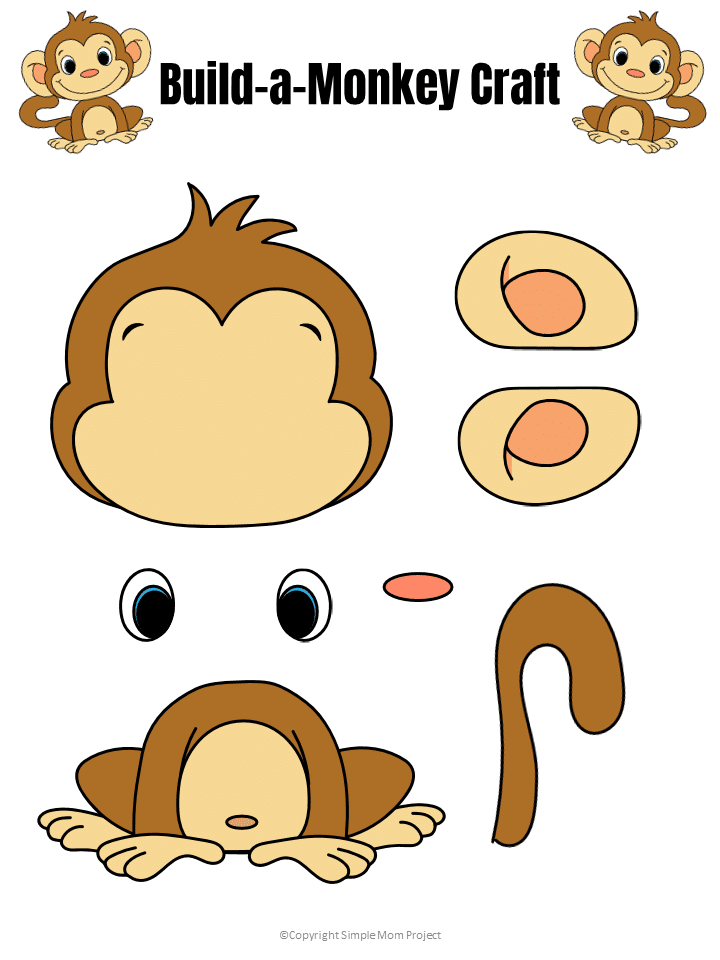 Free Printable Build a Monkey Craft Template for Kids preschoolers and toddlers