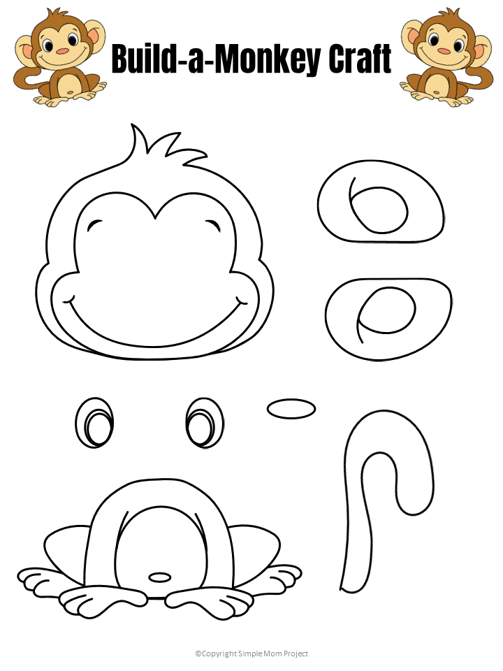 Free Printable Black and white Build a Monkey Craft Template for Kids preschoolers and toddlers