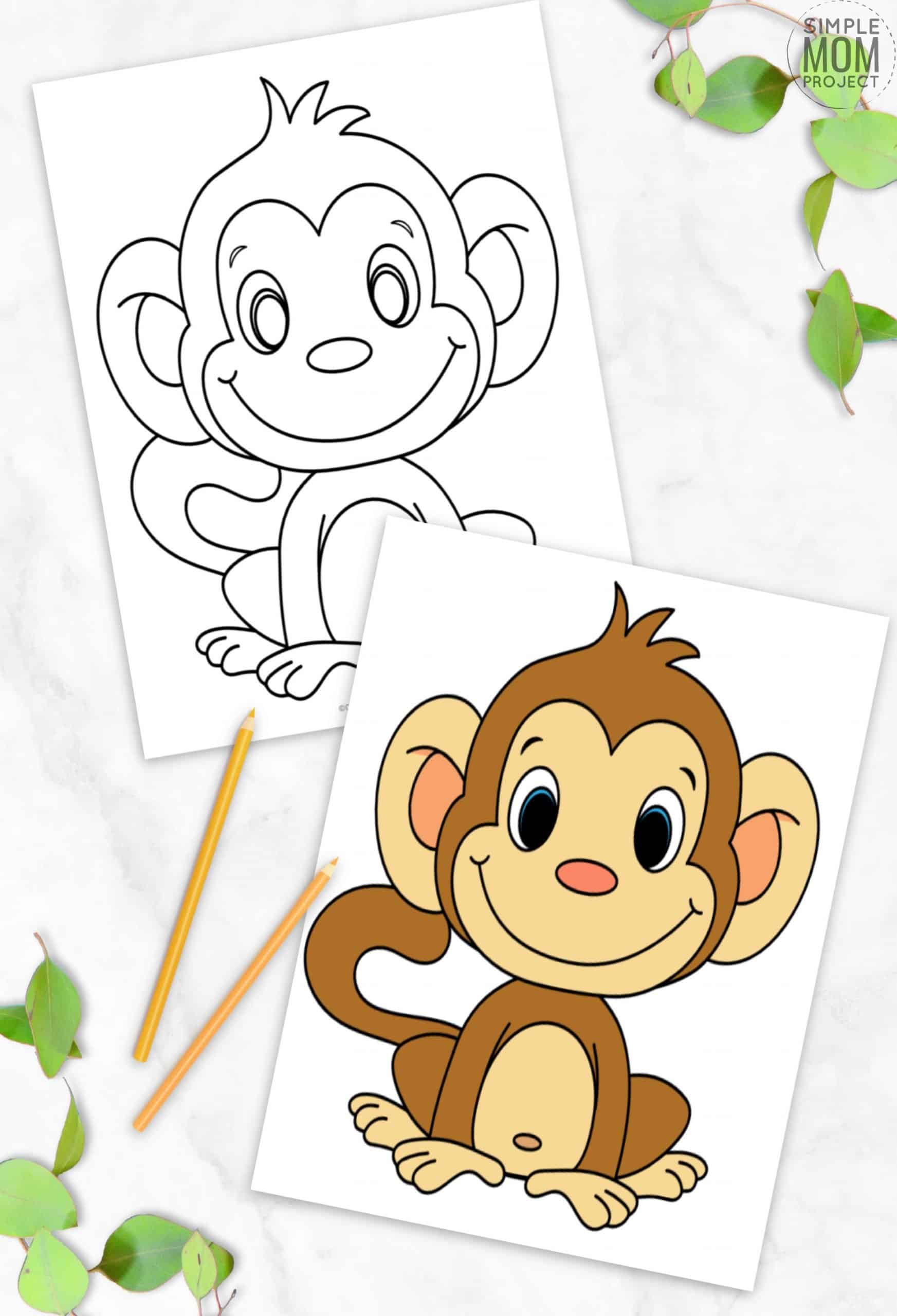 Free Printable Monkey Coloring Page, Coloring sheet for kids, preschoolers and toddlers 3