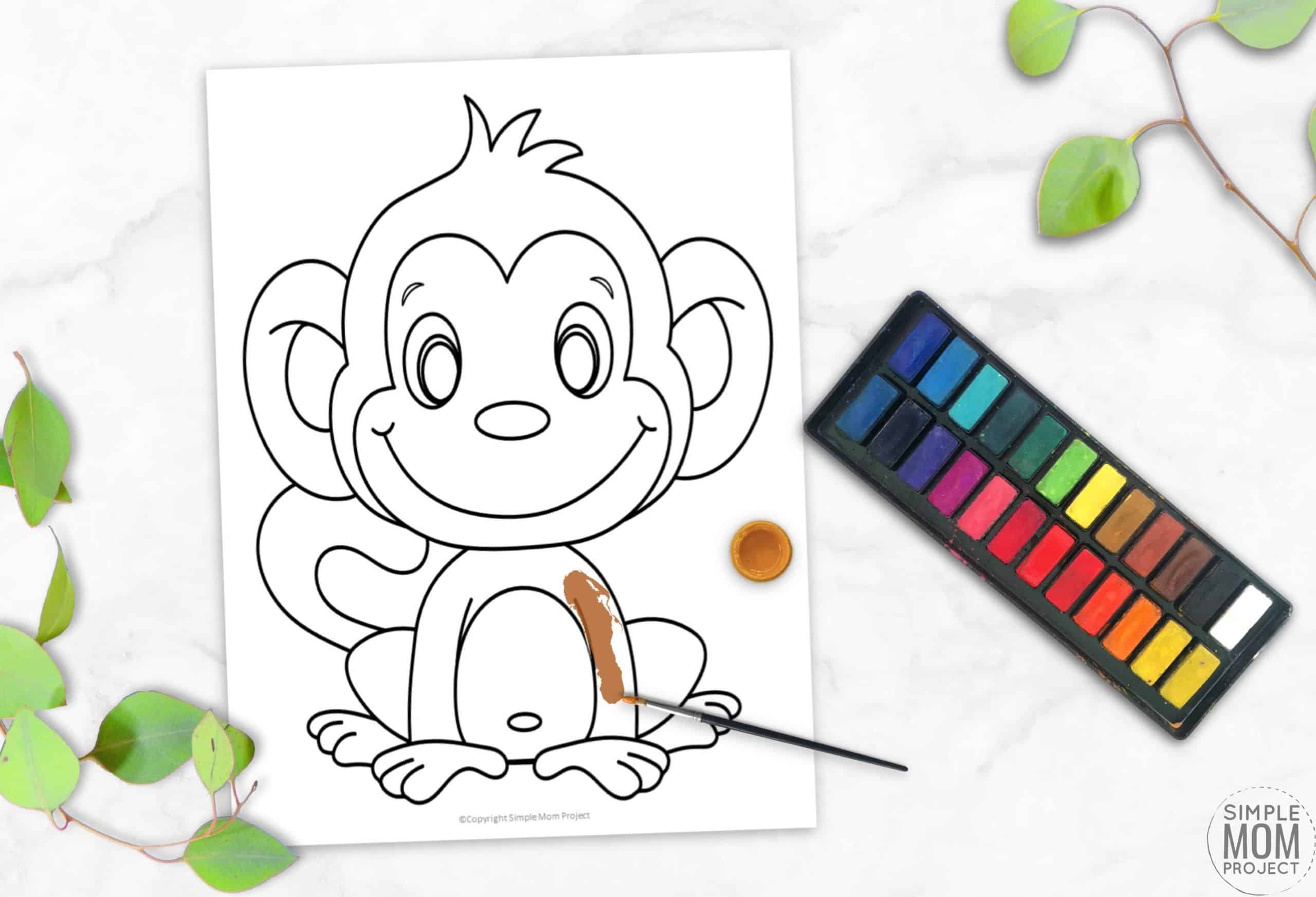 Free Printable Monkey Coloring Page, Coloring sheet for kids, preschoolers and toddlers 3