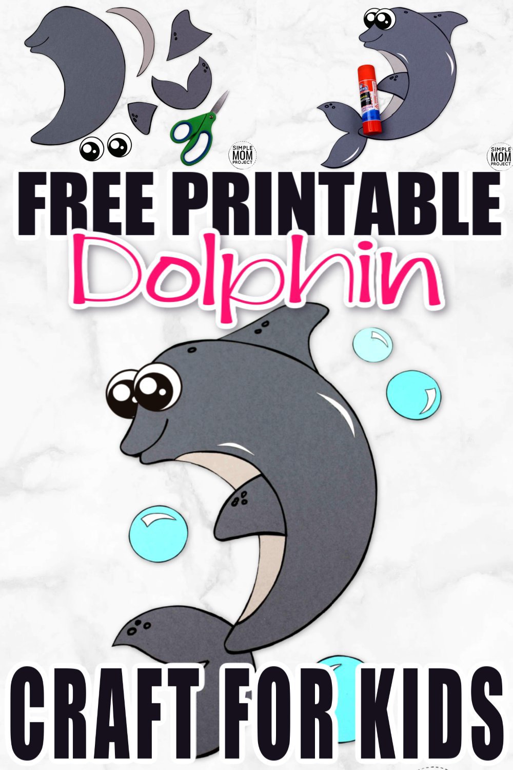 Looking for your next ocean theme project? Use our free printable dolphin template to make this adorable dolphin craft! Click and find the easy tutorial to make this fun ocean art project. Perfect for kids of all ages; including preschoolers and toddlers. #DolphinCrafts #OceanAnimals #OceanAnimalCrafts #SimpleMomProject