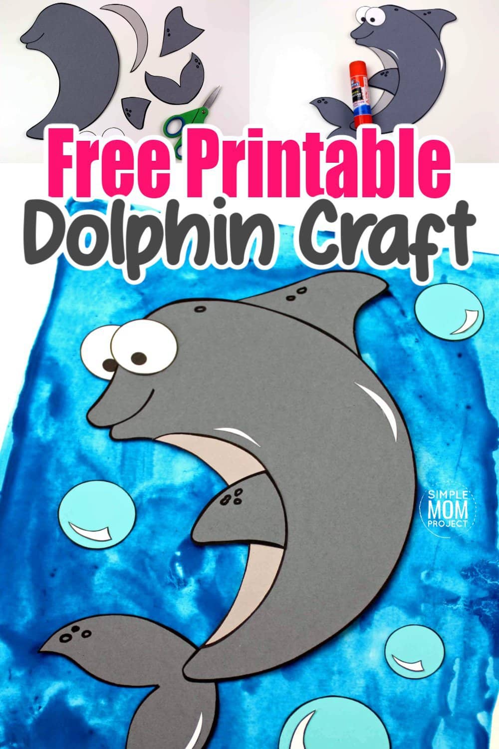 Looking for your next ocean theme project? Use our free printable dolphin template to make this adorable dolphin craft! Click and find the easy tutorial to make this fun ocean art project. Perfect for kids of all ages; including preschoolers and toddlers. #DolphinCrafts #OceanAnimals #OceanAnimalCrafts #SimpleMomProject