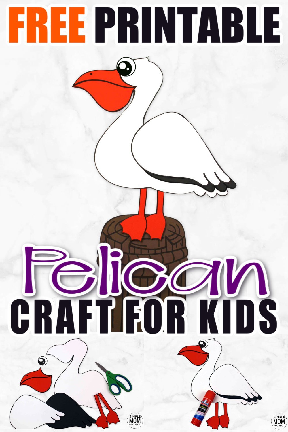 This easy and fun pelican craft is a perfect ocean theme paper art project for your preschool kids and toddlers. Use the free printable pelican template and make this adorable ocean animal now! #pelicancraft #oceananimals #oceananimalcrafts #SimpleMomProject