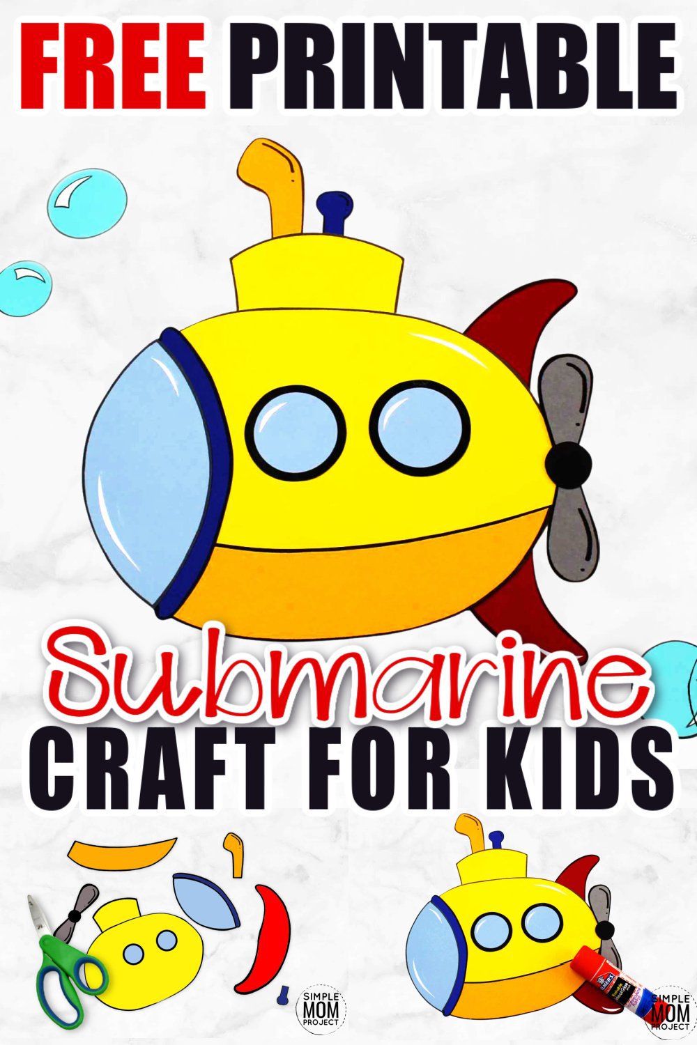 This easy yellow submarine craft is the perfect addition to a vbs summer craft for kids of all ages including preschoolers, toddlers and kindergarten age students. Use the free printable submarine template to make this fun ocean or beach theme art project! #submarine #submarinecraft #SimpleMomProject