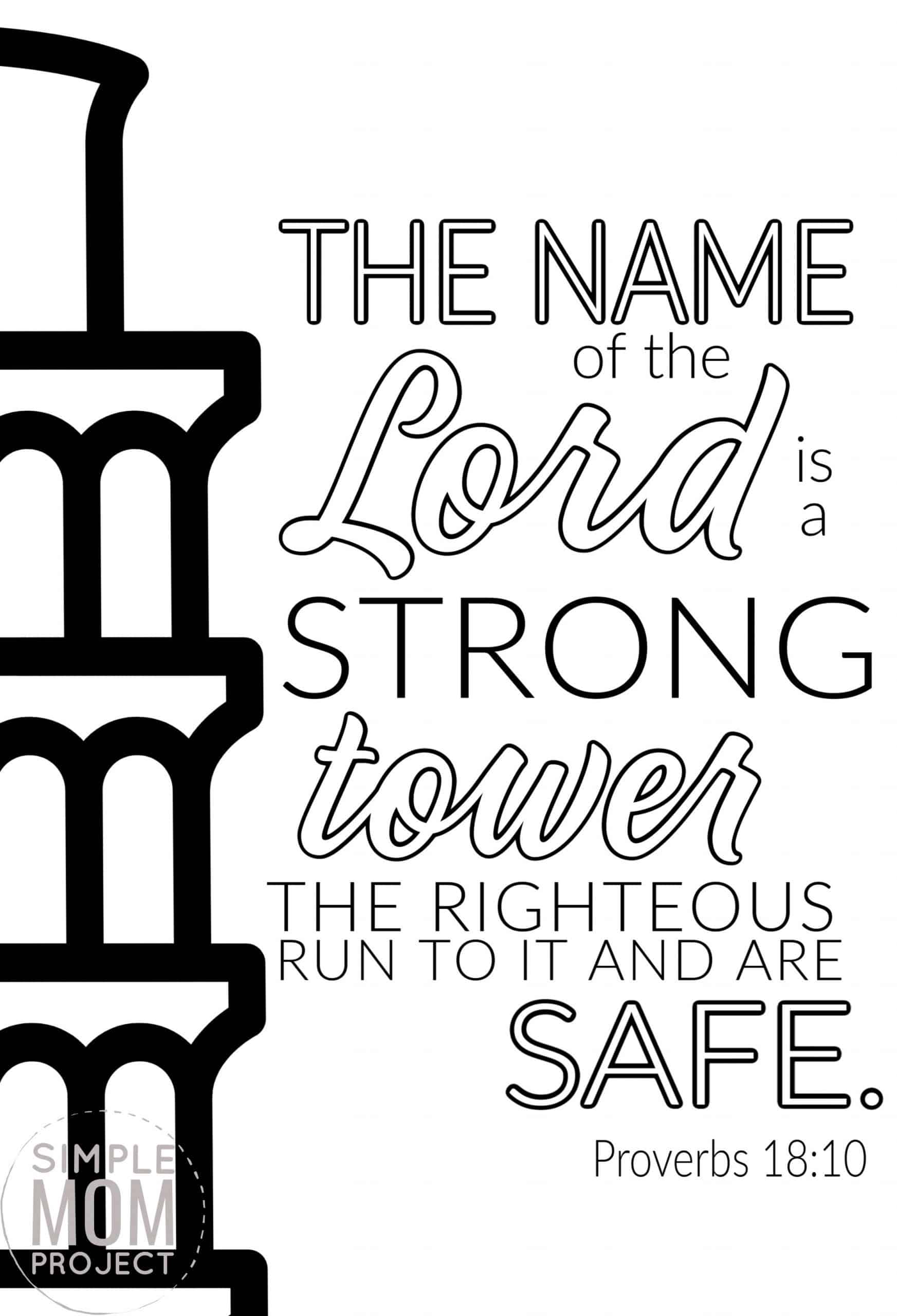 Proverbs 18 10 The name of the Lord is strong Free Printable Bible Verse Coloring page for adults and kids