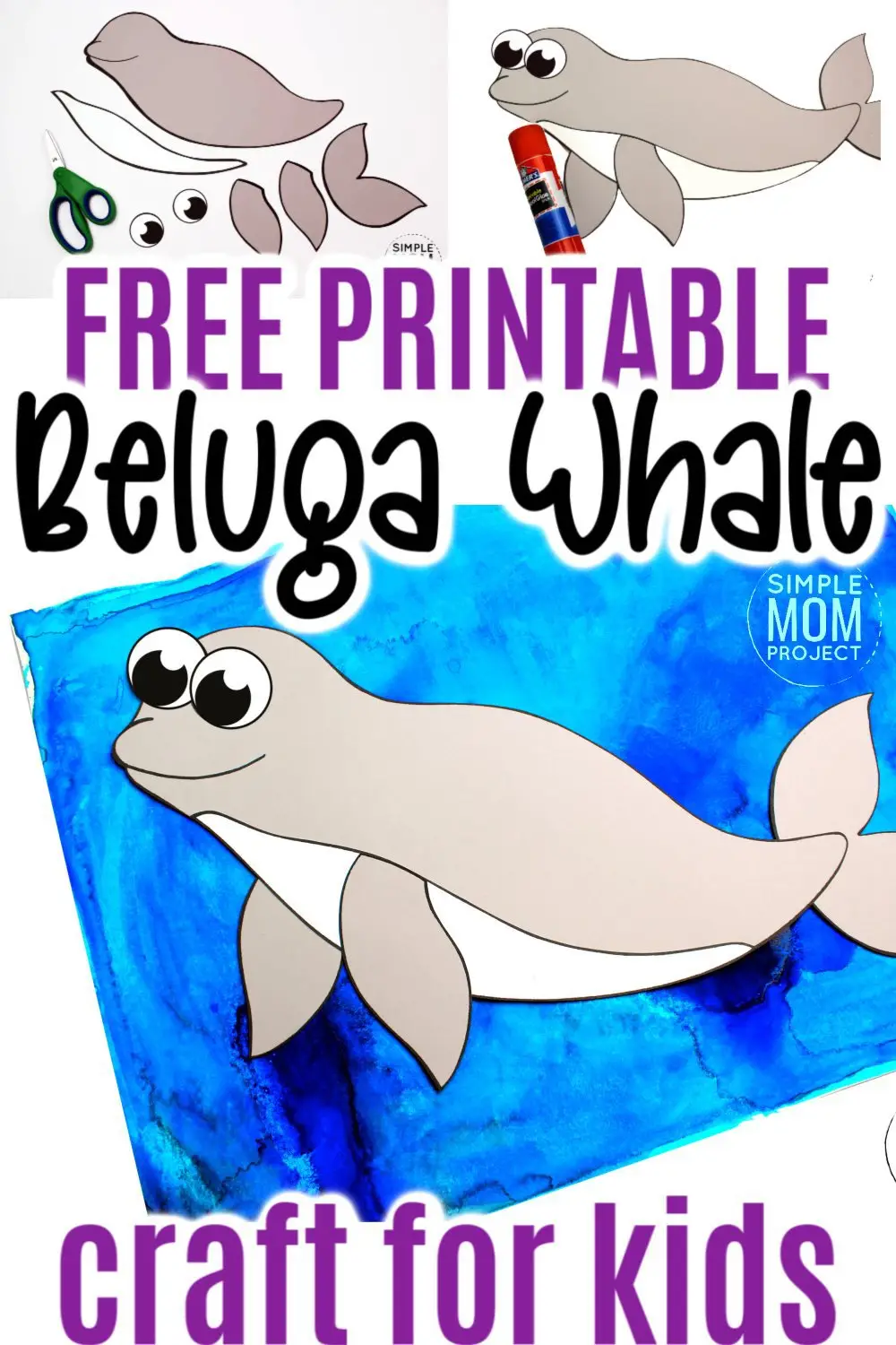 This easy beluga whale craft is fun for kids of all ages including preschoolers and kindergartners! With the free printable beluga whale template, these make the perfect lesson when teaching of whales #belugawhalecrafts #whalecrafts #oceananimals #arcticanimalcrafts #SimpleMomProject
