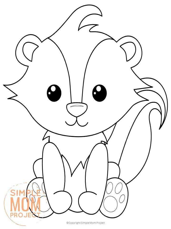 Free Printable Woodland Forest Skunk Coloring Page for Kids Preschoolers Toddlers and kindergartners
