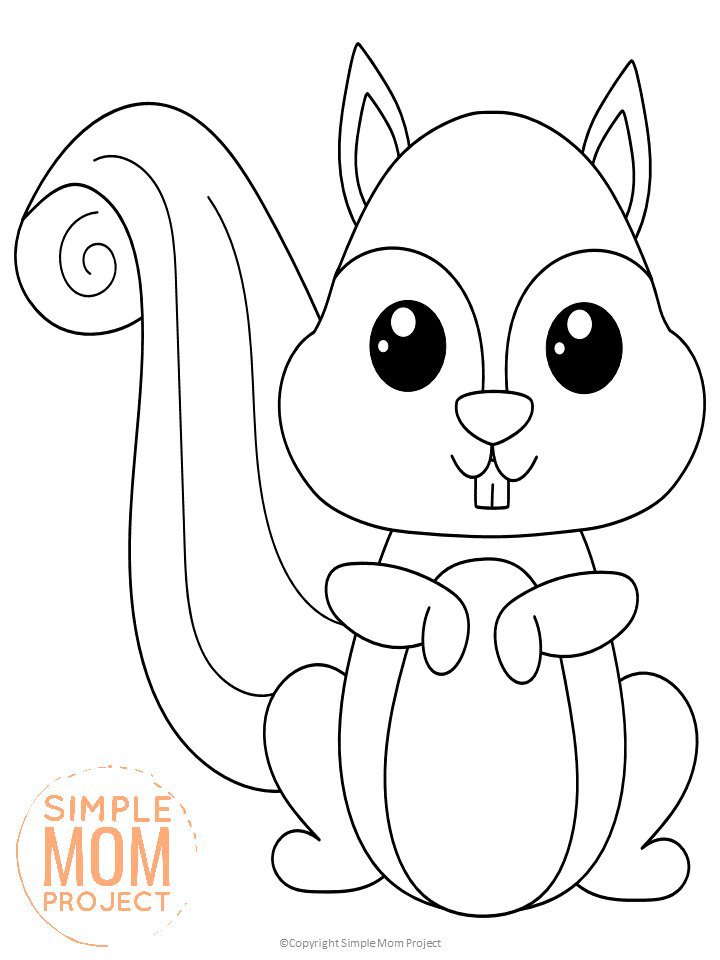 Free Printable Woodland Forest Squirrel Coloring Page for Kids Preschoolers Toddlers and kindergartners