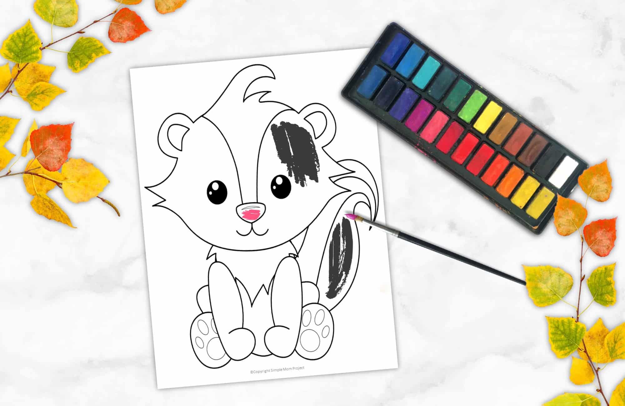 Free Printable Woodland Forest Skunk Coloring Page for Kids Preschoolers Toddlers and kindergartners