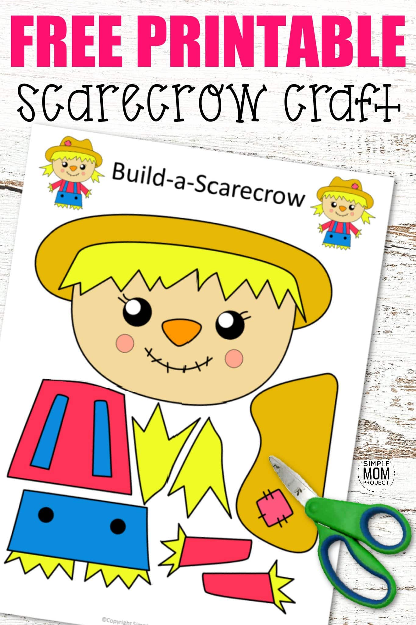 Are you looking for an easy printable fall craft to do with your kids this autumn? Click and get the free printable girl scarecrow template to make this fun girl scarecrow craft. The girl scarecrow can be turned into a popsicle or paper bag puppet or a fun fall craft decoration. Either way, kids of all ages, preschoolers, toddlers and kindergartners will love making their very own scarecrow craft! #girlscarecrow #scarecrowcrafts #Fall #FallCrafts #SimpleMomProject