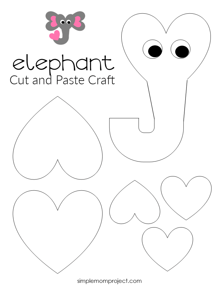 Free Printable Heart Elephant Craft for Preschoolers toddlers and kindergartners bw
