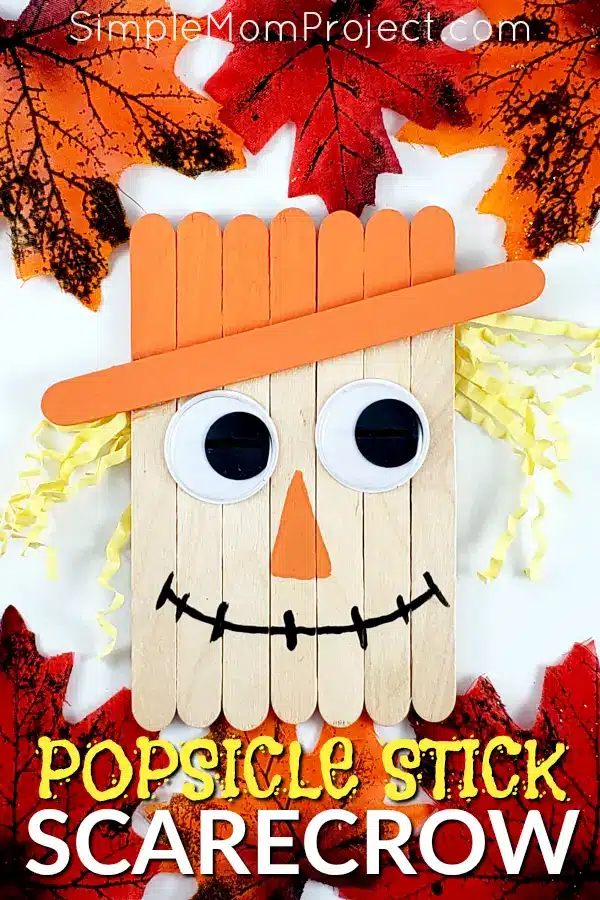 Looking for a fun, DiY Fall or fall party decoration for kids to make? Click now for a cheap, popsicle stick Scarecrow craft tutorial. Do them with your preschoolers in the classroom or at home with your toddlers. This Fall Scarecrow is budget friendly and SO easy to do! #PopsicleSticks #FallCrafts #AutumnCrafts