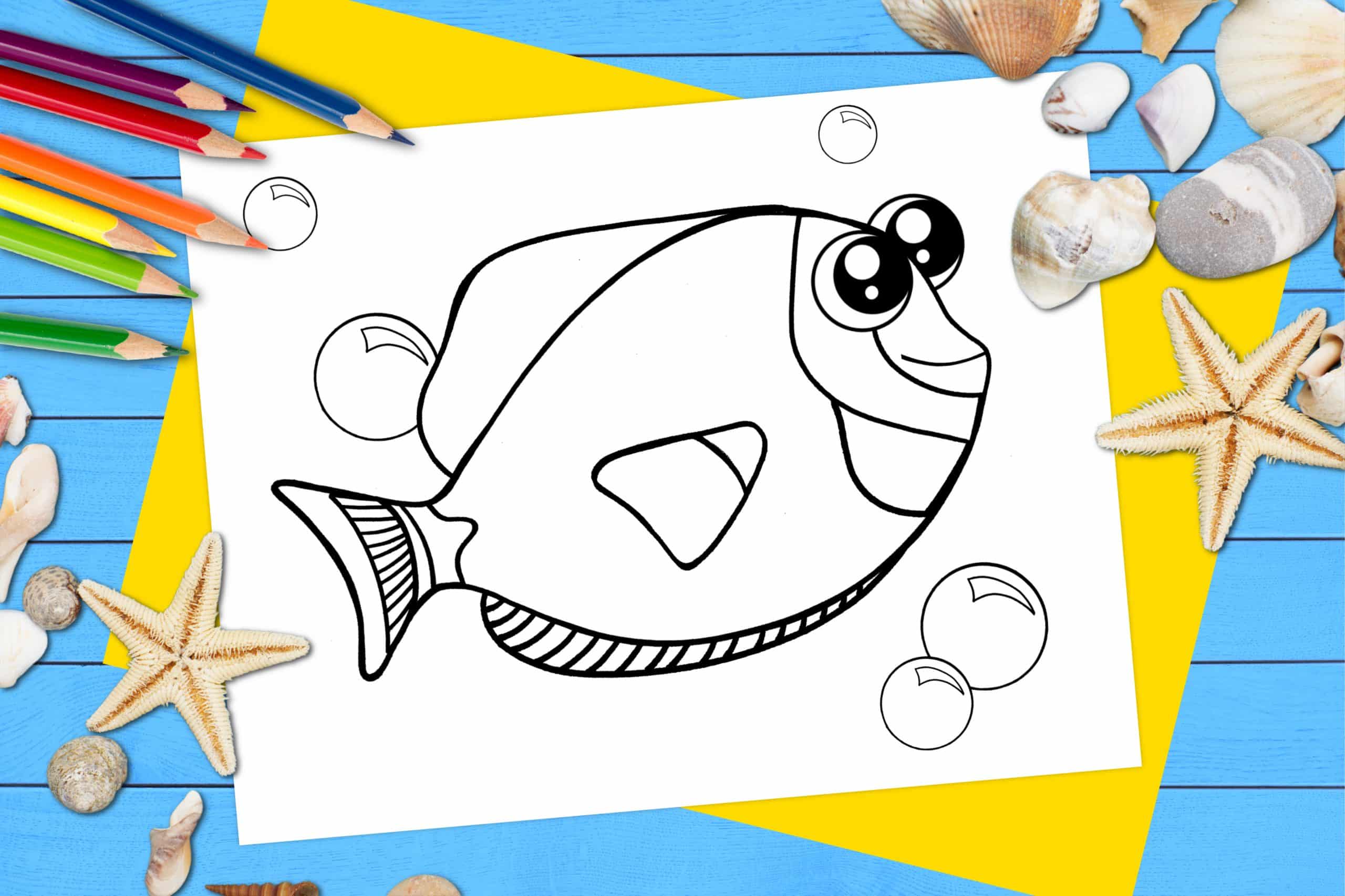Free Printable Blue Tang Dory Fish Ocean Animal Coloring Page for kids