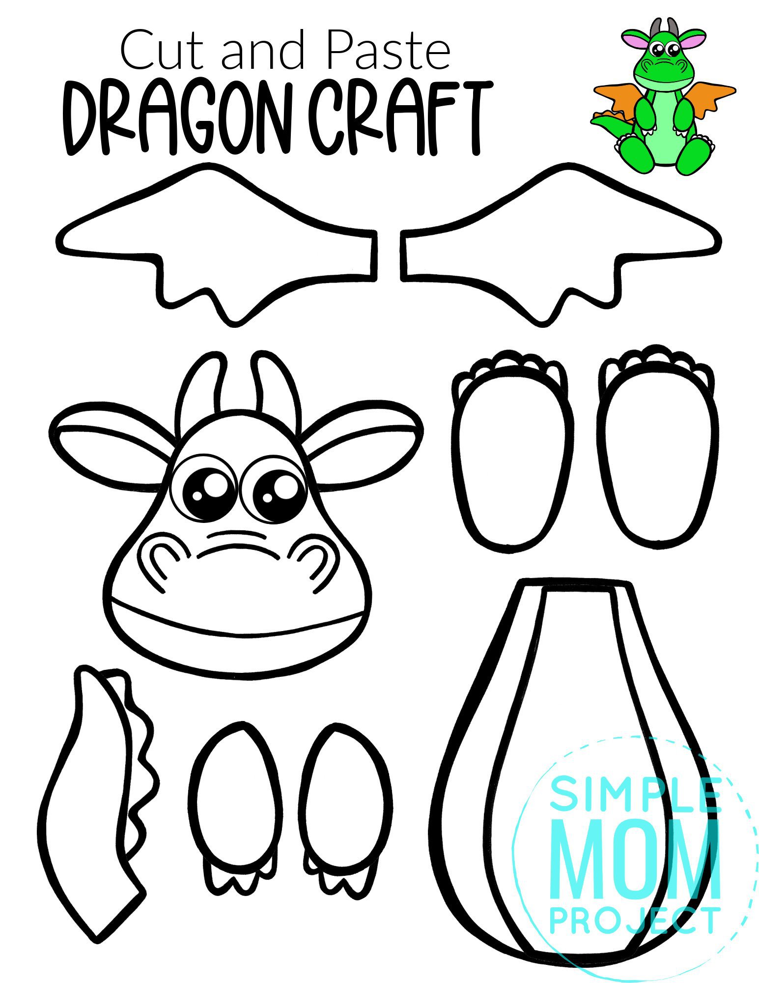 Free Printable Cut and Paste Dragon Craft Template Craft for kids, preschoolers and toddlers