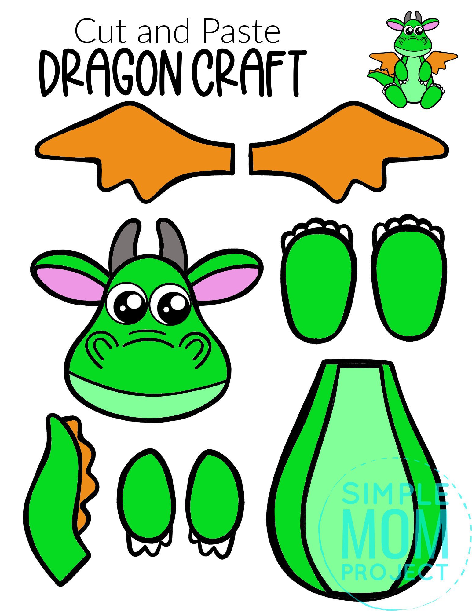 Free Printable Cut and Paste Dragon Craft Template Craft for kids, preschoolers and toddlers
