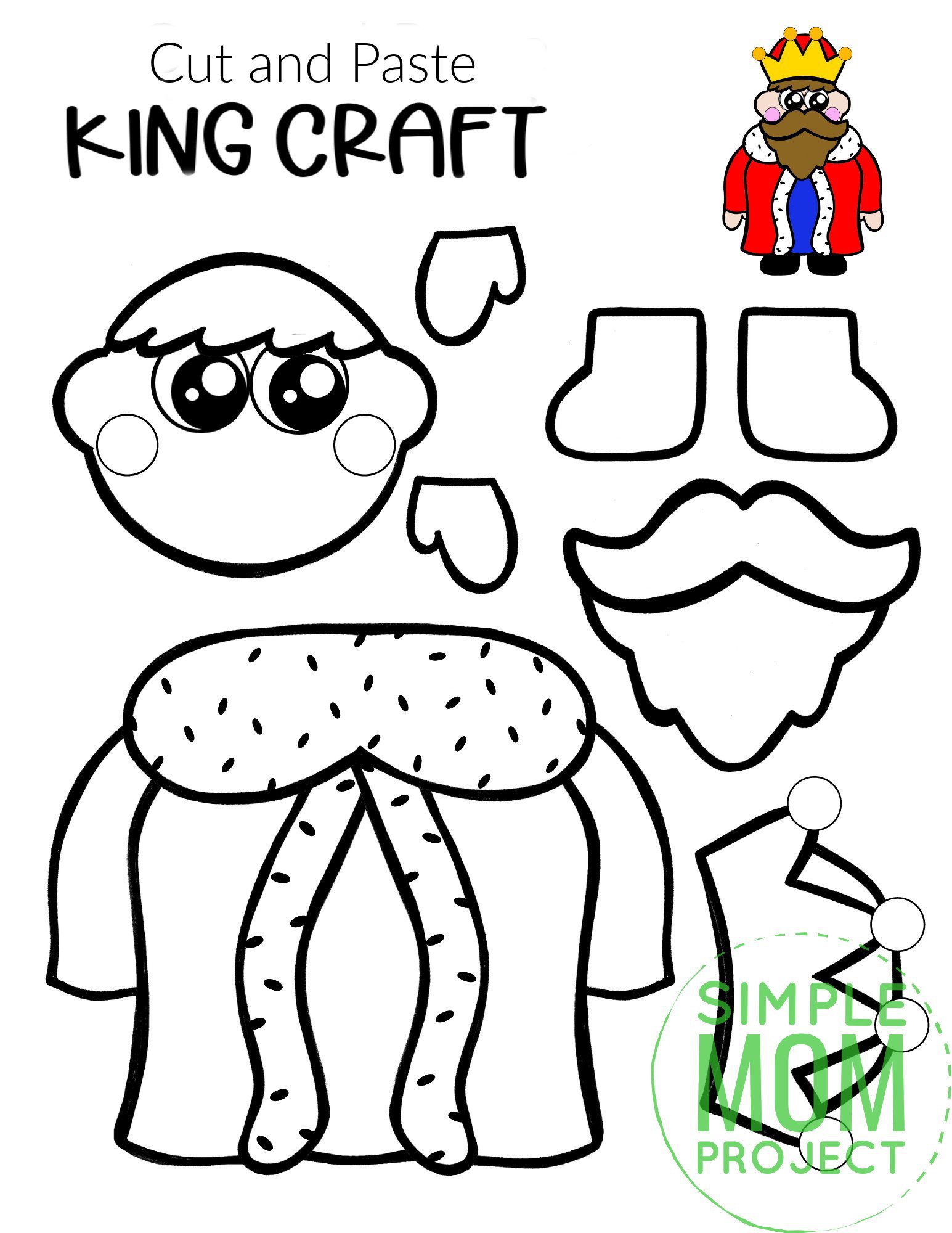Free Printable Cut and Paste King Craft Template Craft for kids, preschoolers and toddlers