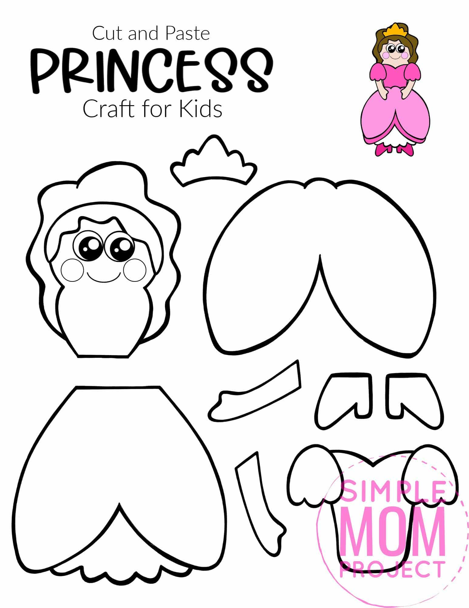 Free Printable Cut and Paste Princess Craft Template Craft for kids, preschoolers and toddlers