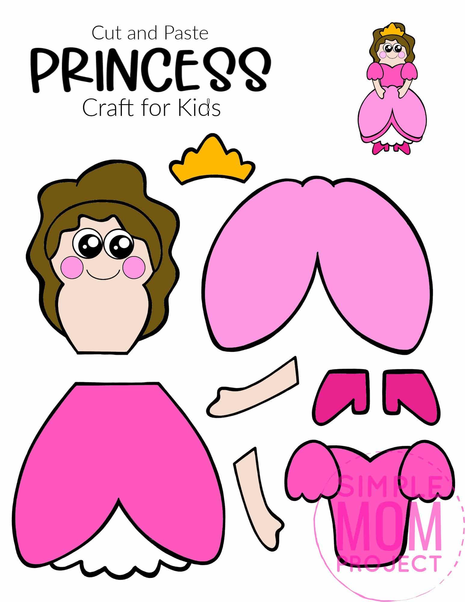 Free Printable Cut and Paste Princess Craft Template Craft for kids, preschoolers and toddlers