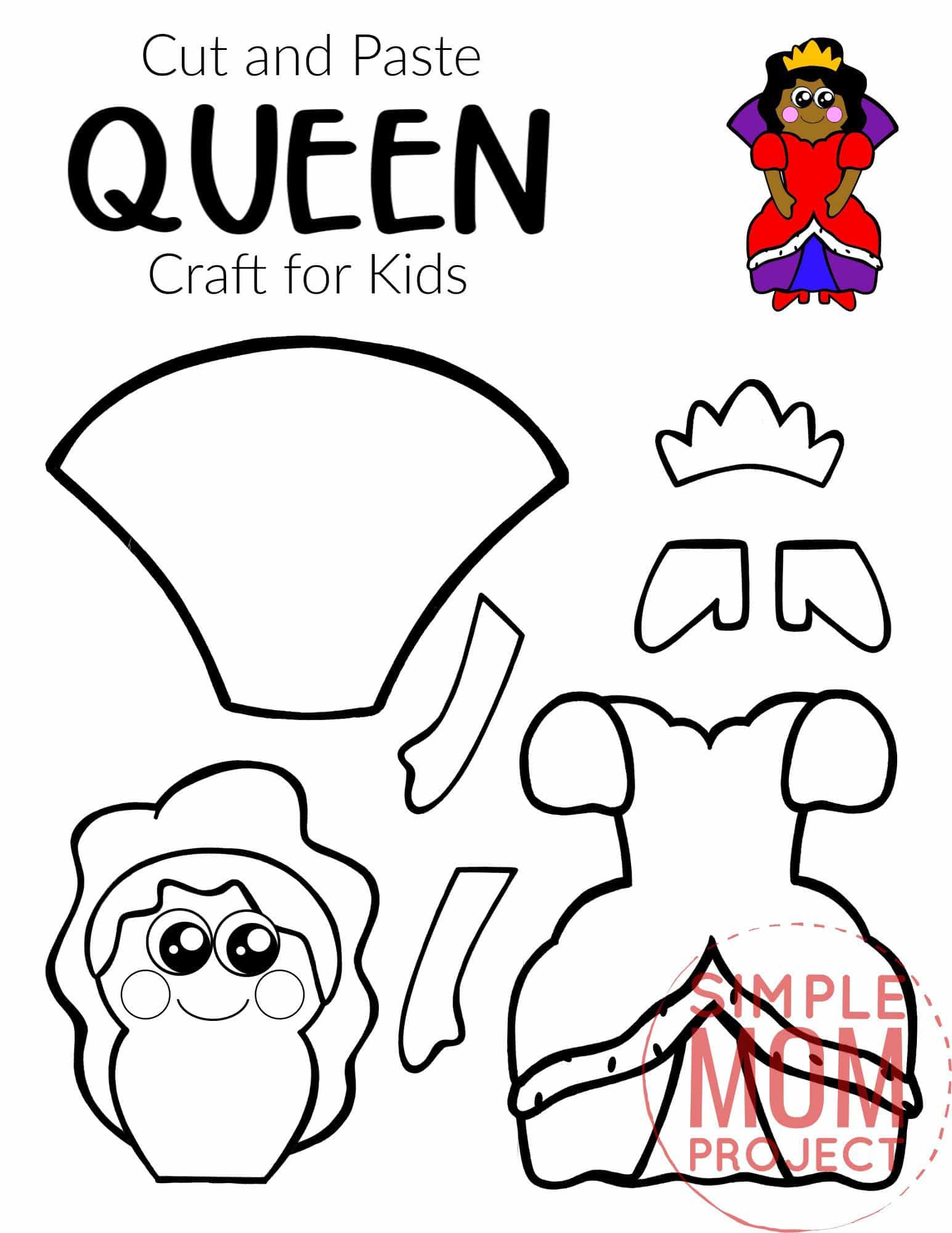 Free Printable Cut and Paste Queen Craft Template Craft for kids, preschoolers and toddlers