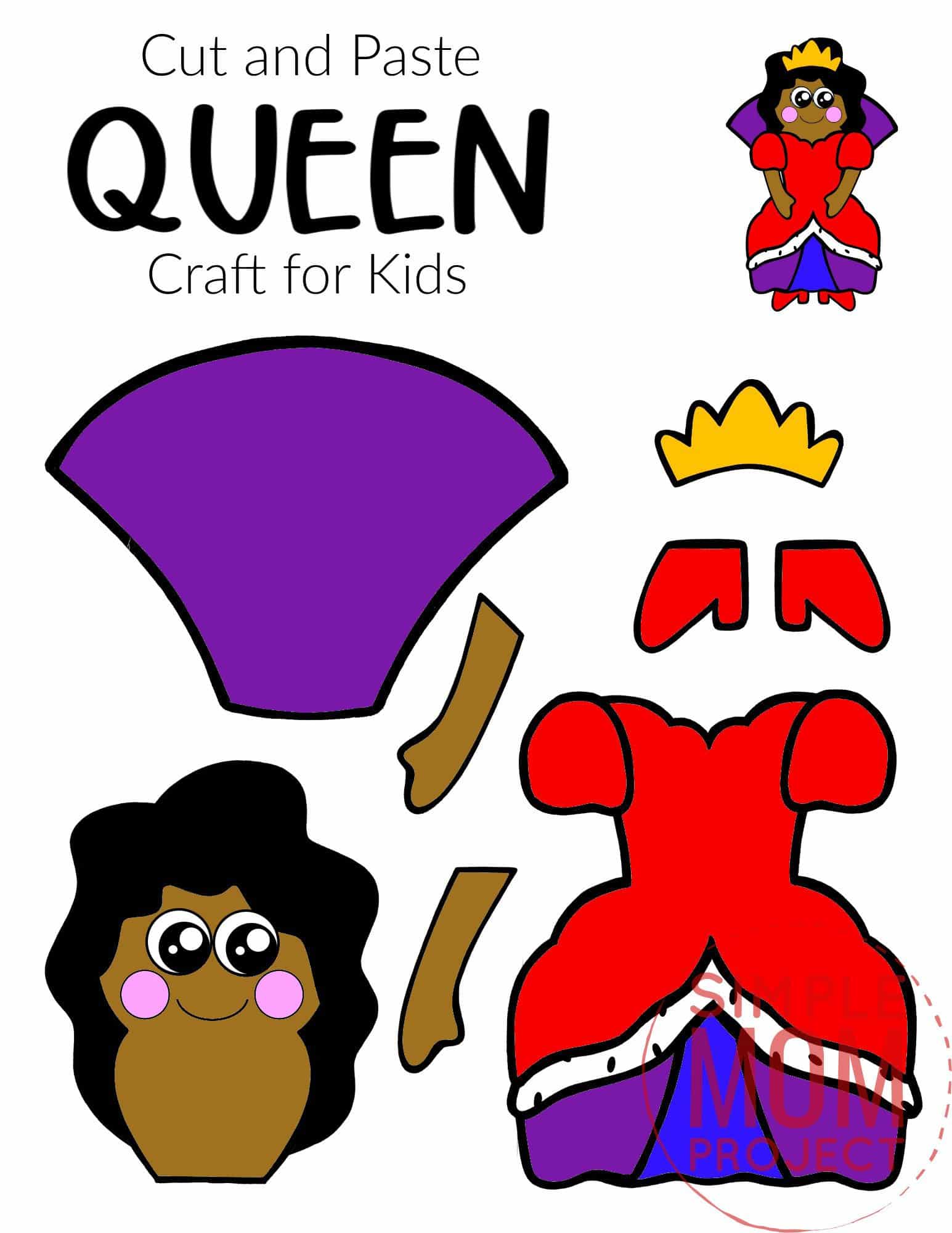Free Printable Cut and Paste Queen Craft Template Craft for kids, preschoolers and toddlers