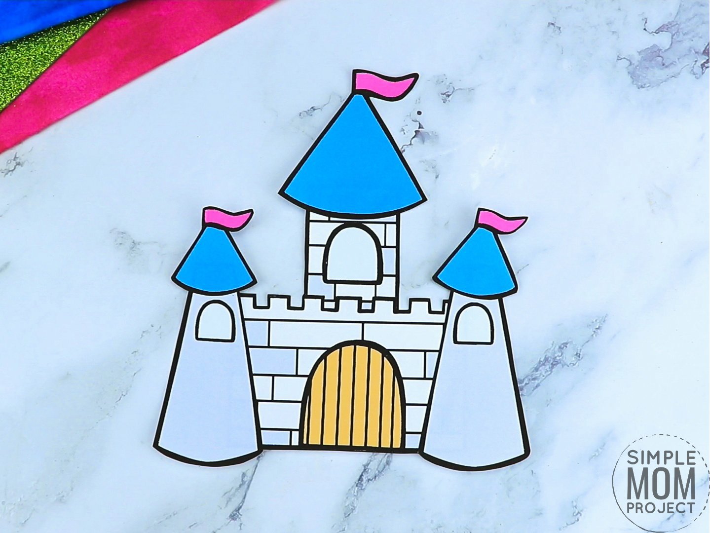 Free printable princess castle coloring page template for kids, preschoolers and kindergartners