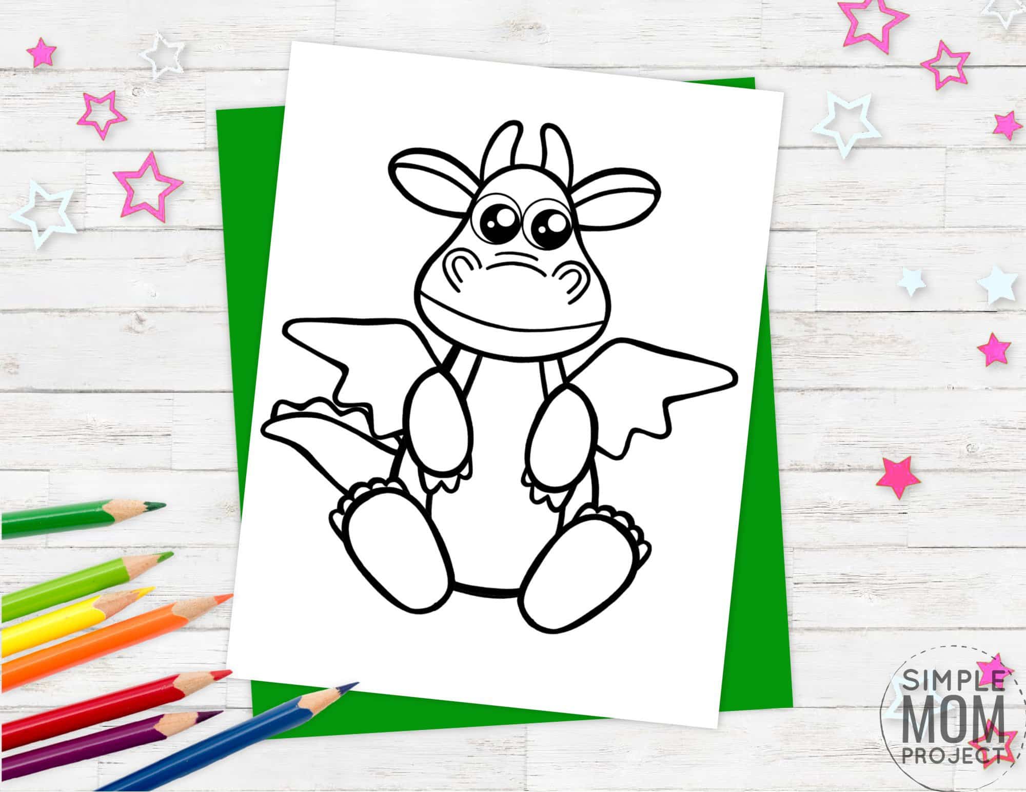 Free printable dragon coloring page template for kids, preschoolers and kindergartners