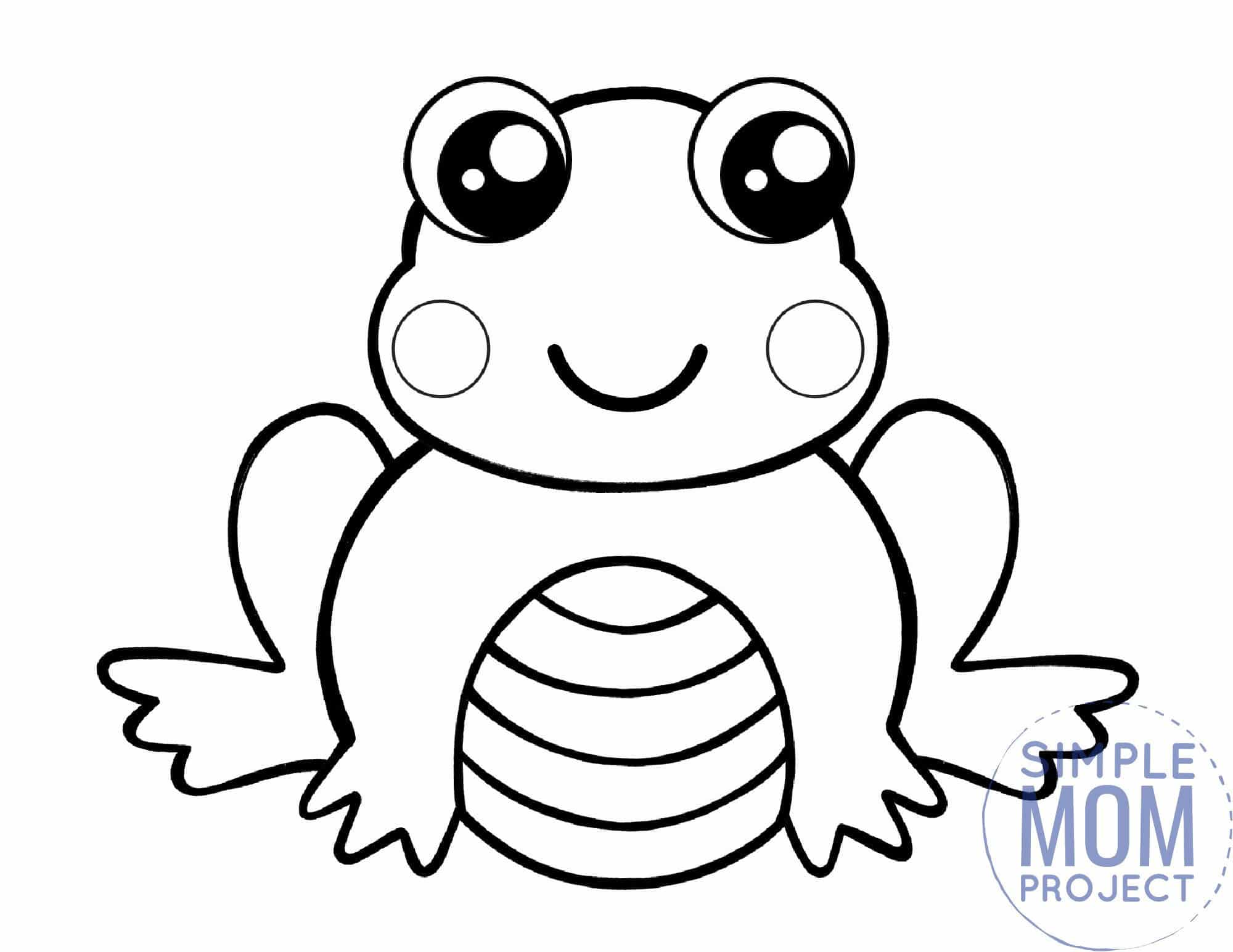 Free printable frog coloring page template for kids, preschoolers and kindergartners