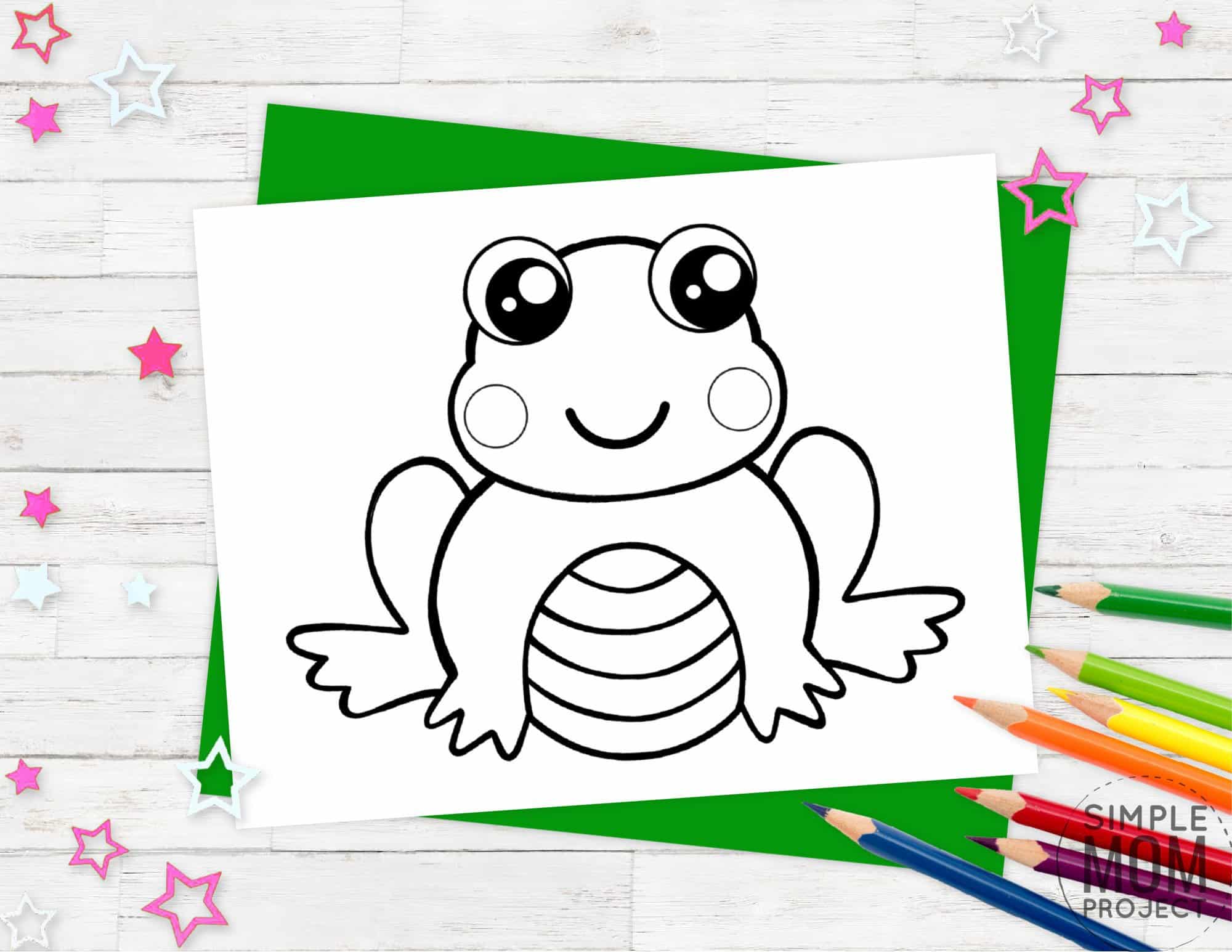 Free printable frog coloring page template for kids, preschoolers and kindergartners