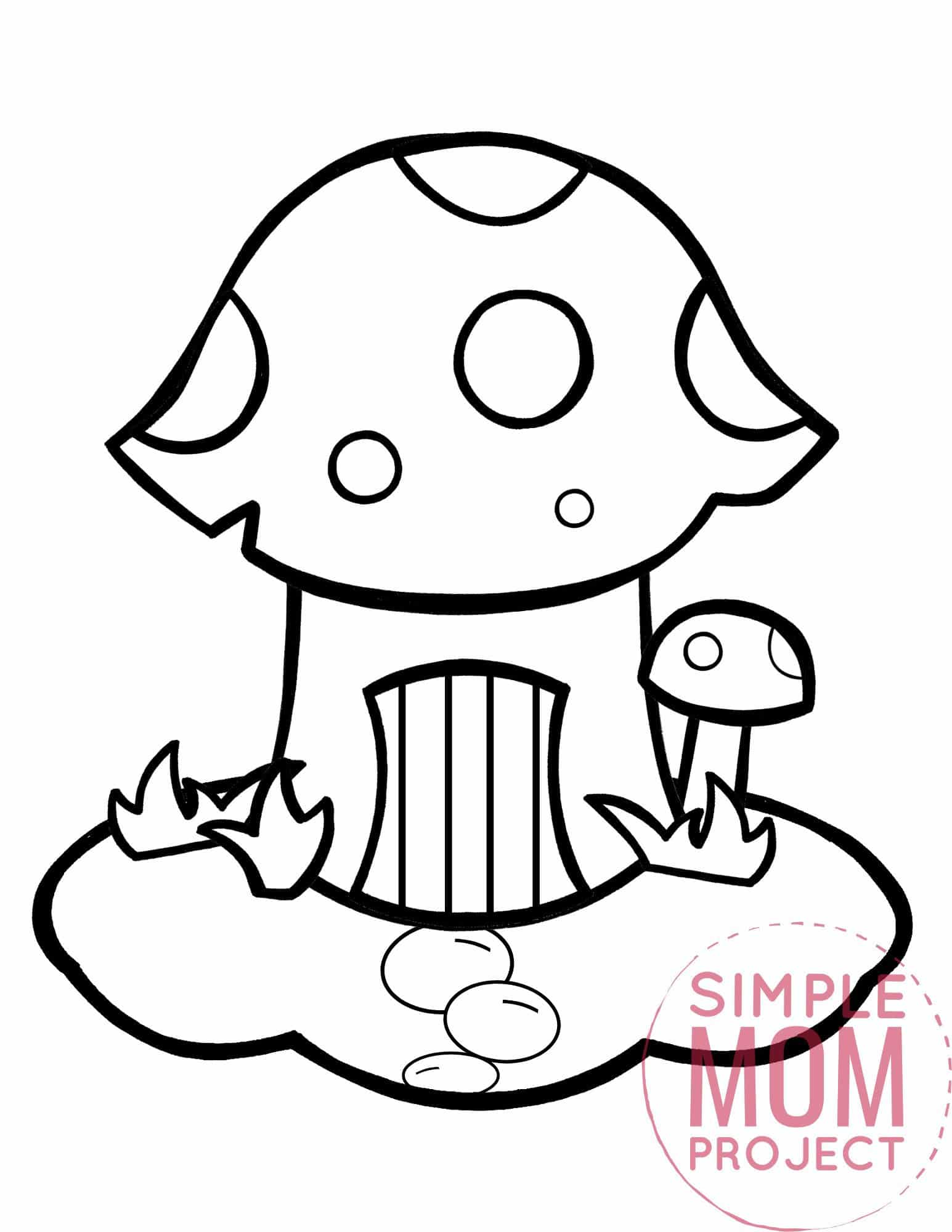 Free printable mushroom coloring page template for kids, preschoolers and kindergartners