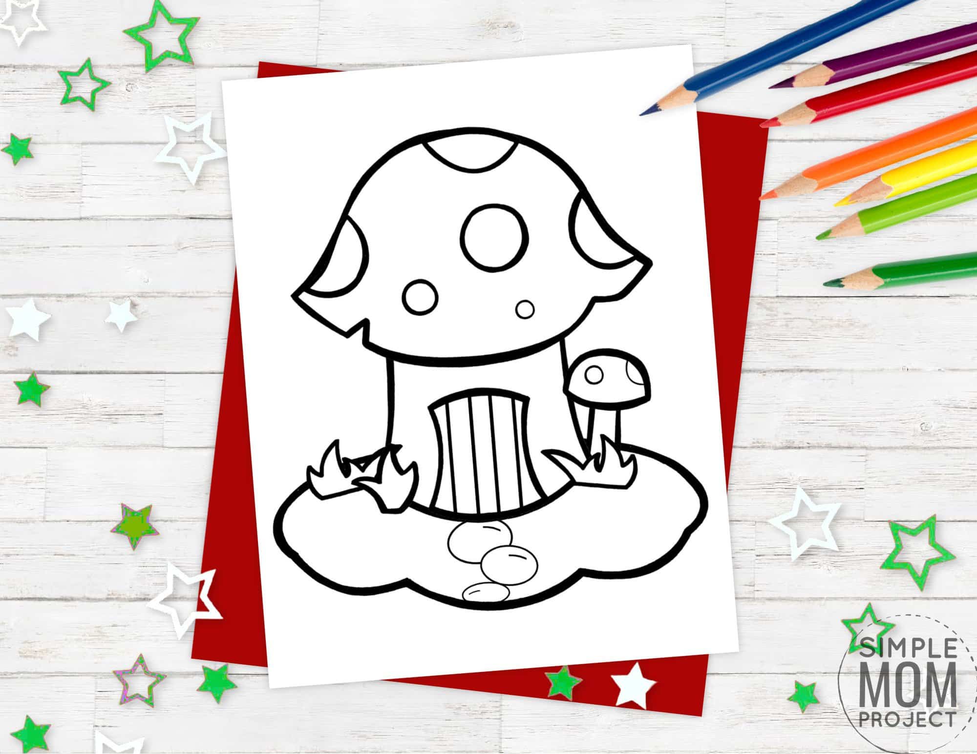 Free printable mushroom coloring page template for kids, preschoolers and kindergartners