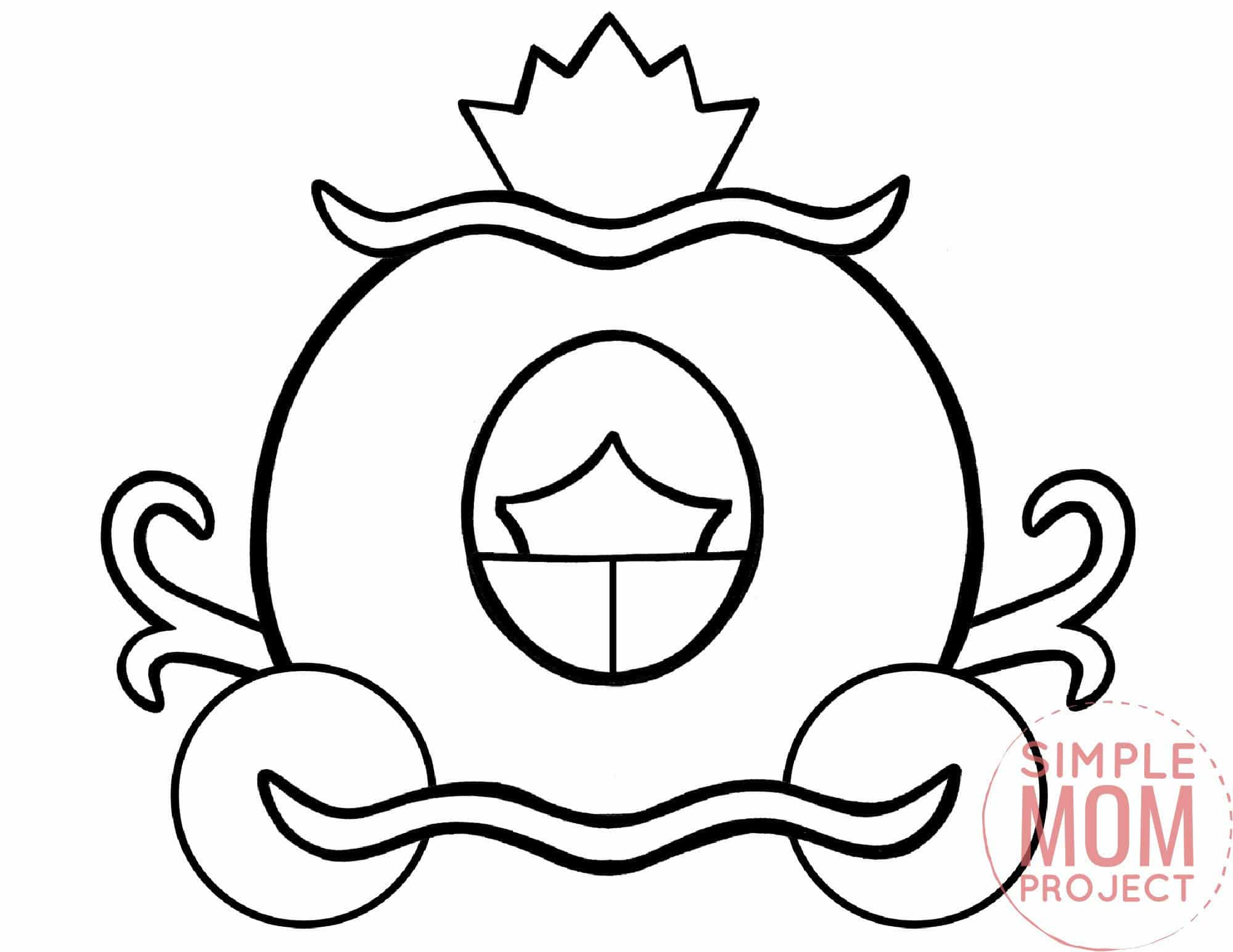 Free printable princess carriage coloring page template for kids, preschoolers and kindergartners