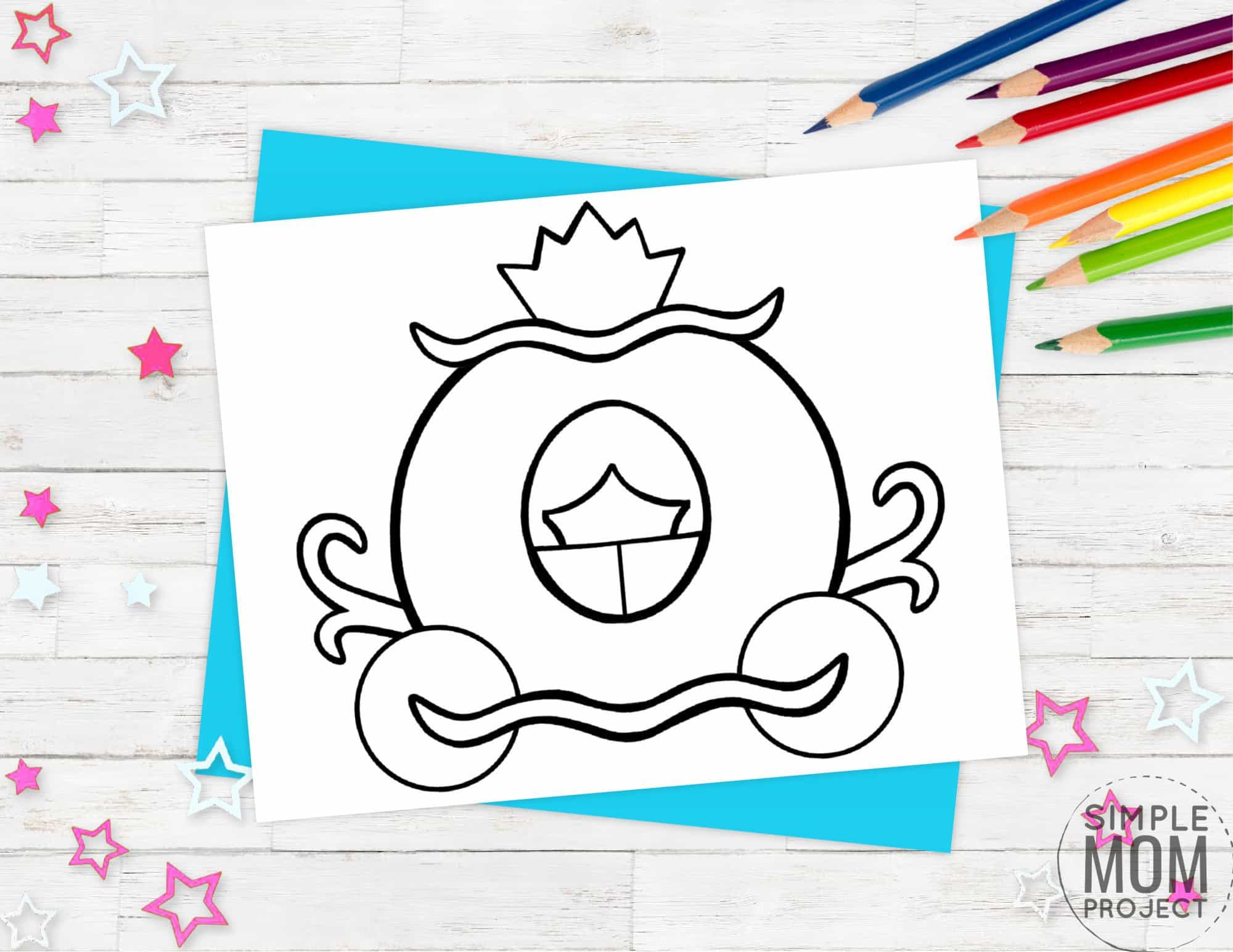 Free printable princess carriage coloring page template for kids, preschoolers and kindergartners