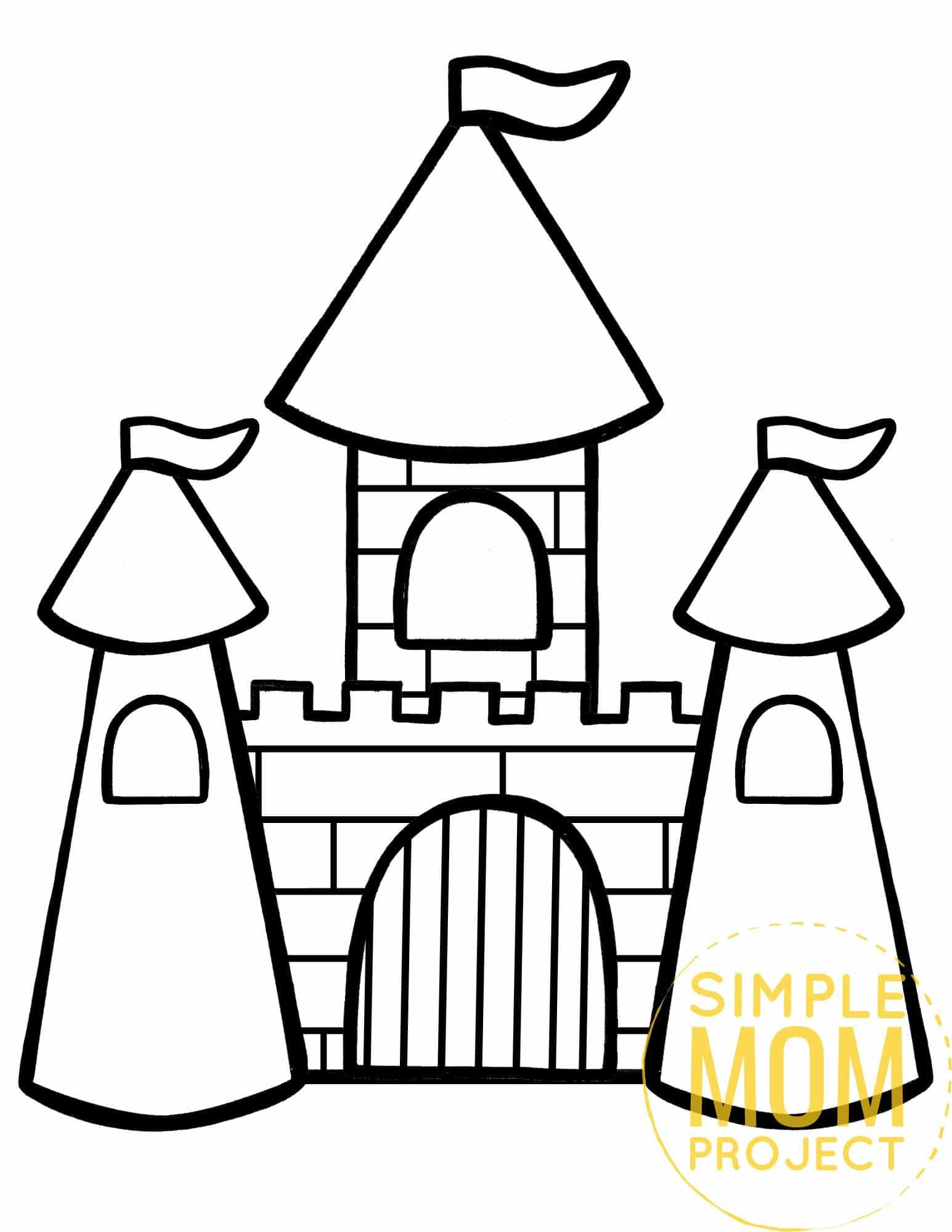 Free printable princess castle coloring page template for kids, preschoolers and kindergartners
