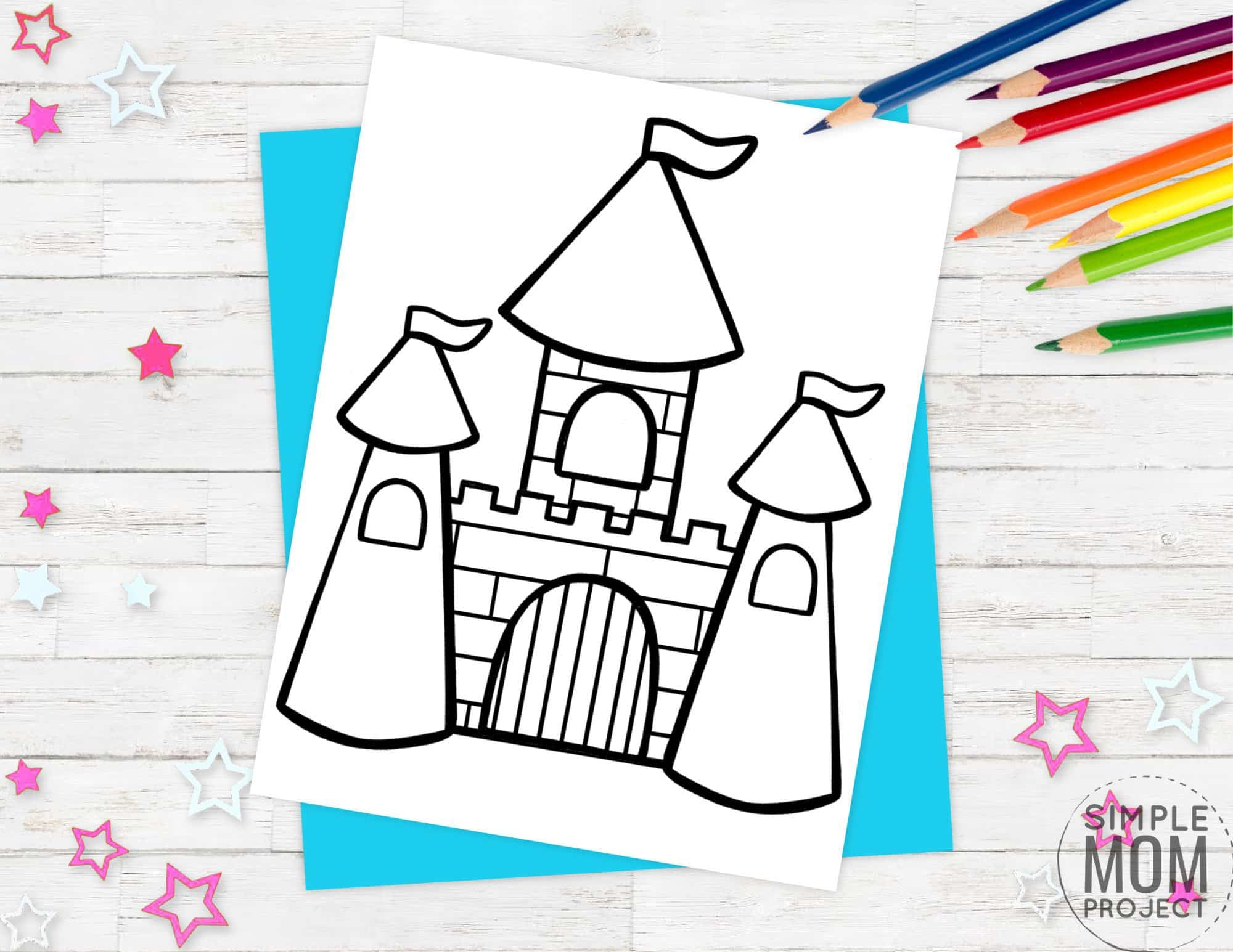 Free printable princess castle coloring page template for kids, preschoolers and kindergartners