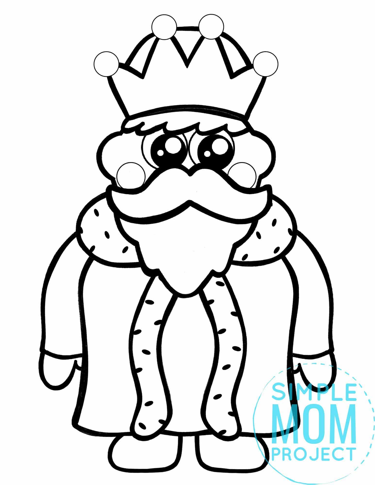 Free printable royal king coloring page template for kids, preschoolers and kindergartners