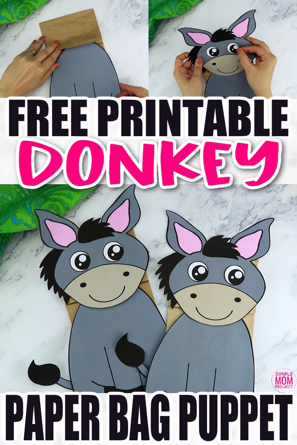 Are you looking for a fun way to put on a puppet show? Click now to download and print our paper bag puppet donkey template. Your kids will love putting on their favorite animal and make funny donkey noises! This donkey paper bag puppet craft is perfect for kids of all ages including preschoolers and toddlers.