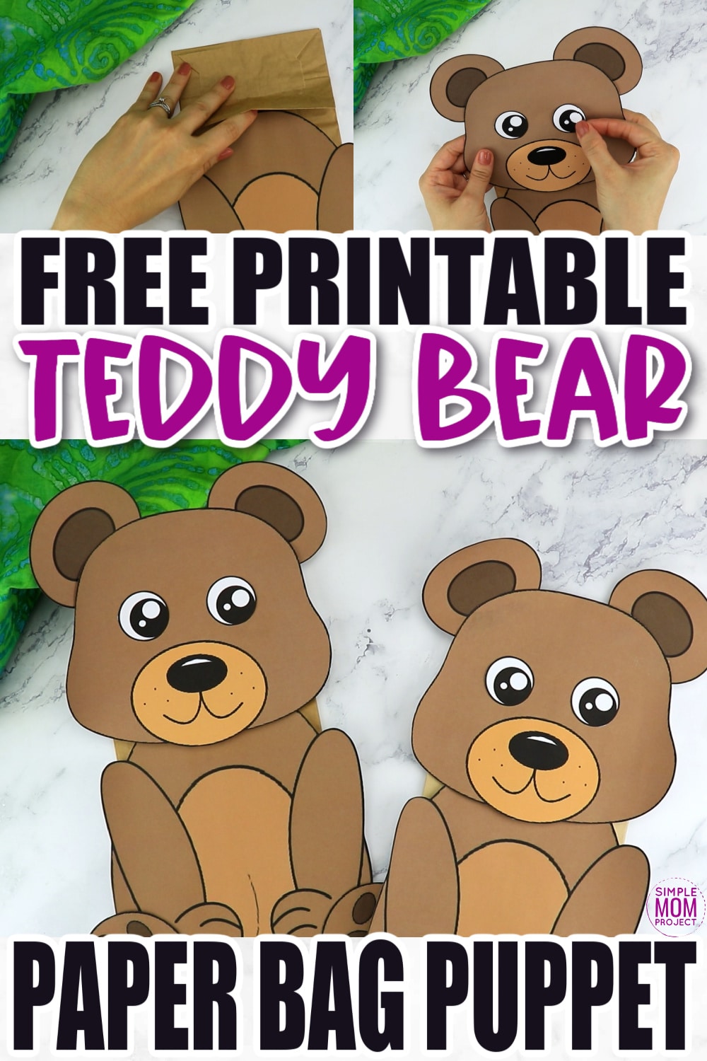Free Printable Teddy Bear Paper Bag Puppet Template for Kids Preschoolers and toddlers