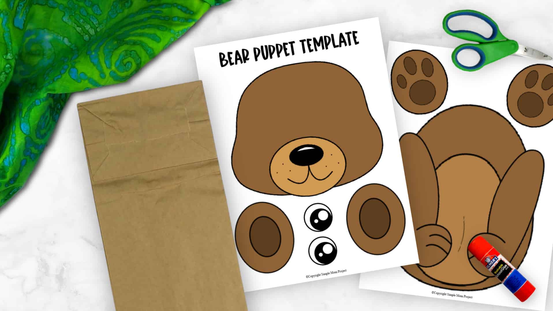 Free Printable Teddy Bear Paper Bag Puppet Template for Kids Preschoolers and toddlers
