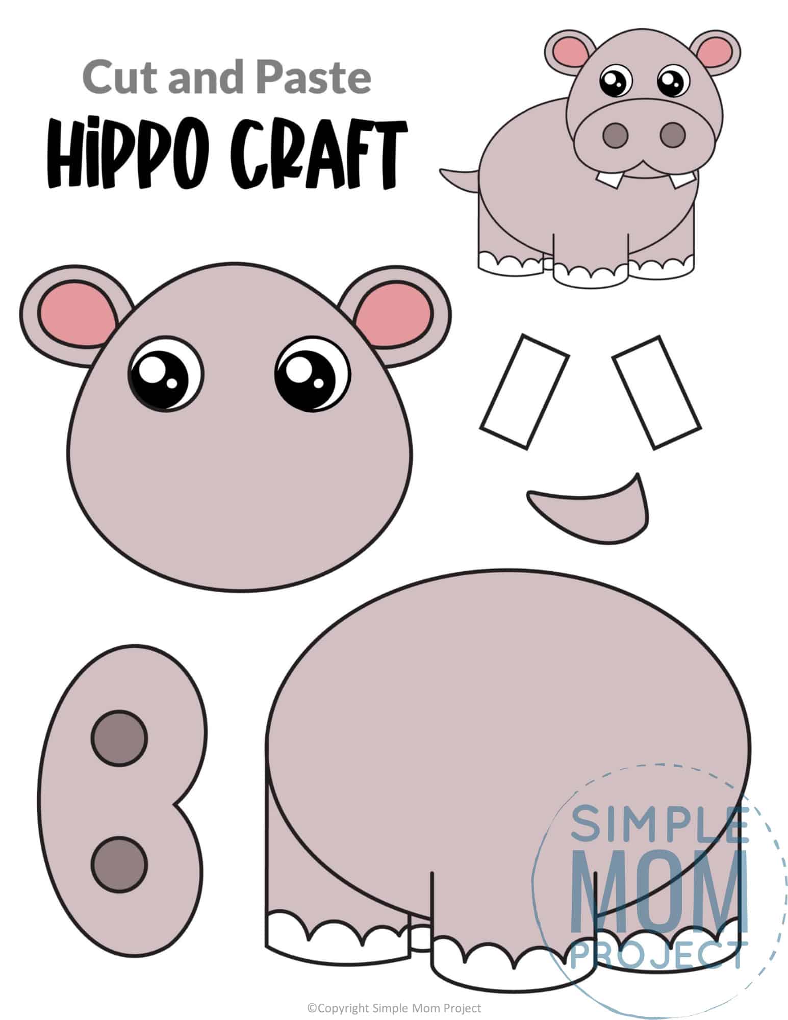 Hippo Cut and Paste Craft for Toddlers, Preschoolers and Kindergarteners