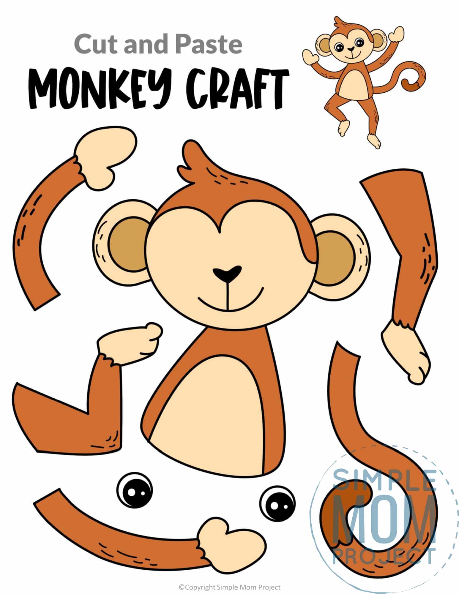 Monkey Cut and Paste Craft for Toddlers, Preschoolers and Kindergarteners