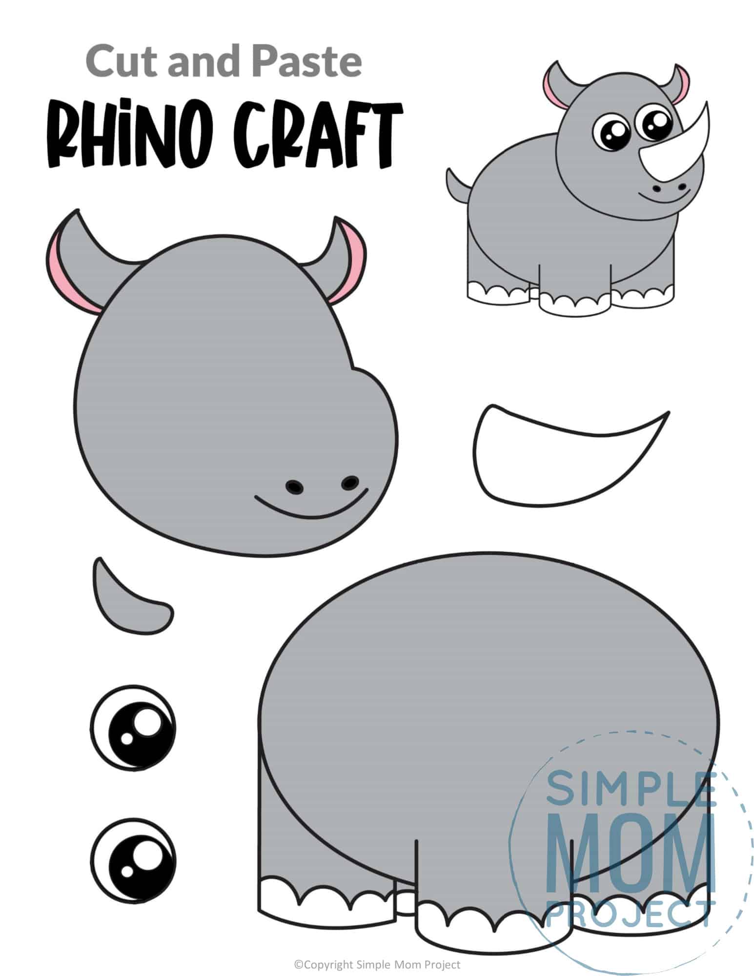 Rhino Cut and Paste Craft for Toddlers, Preschoolers and Kindergarteners