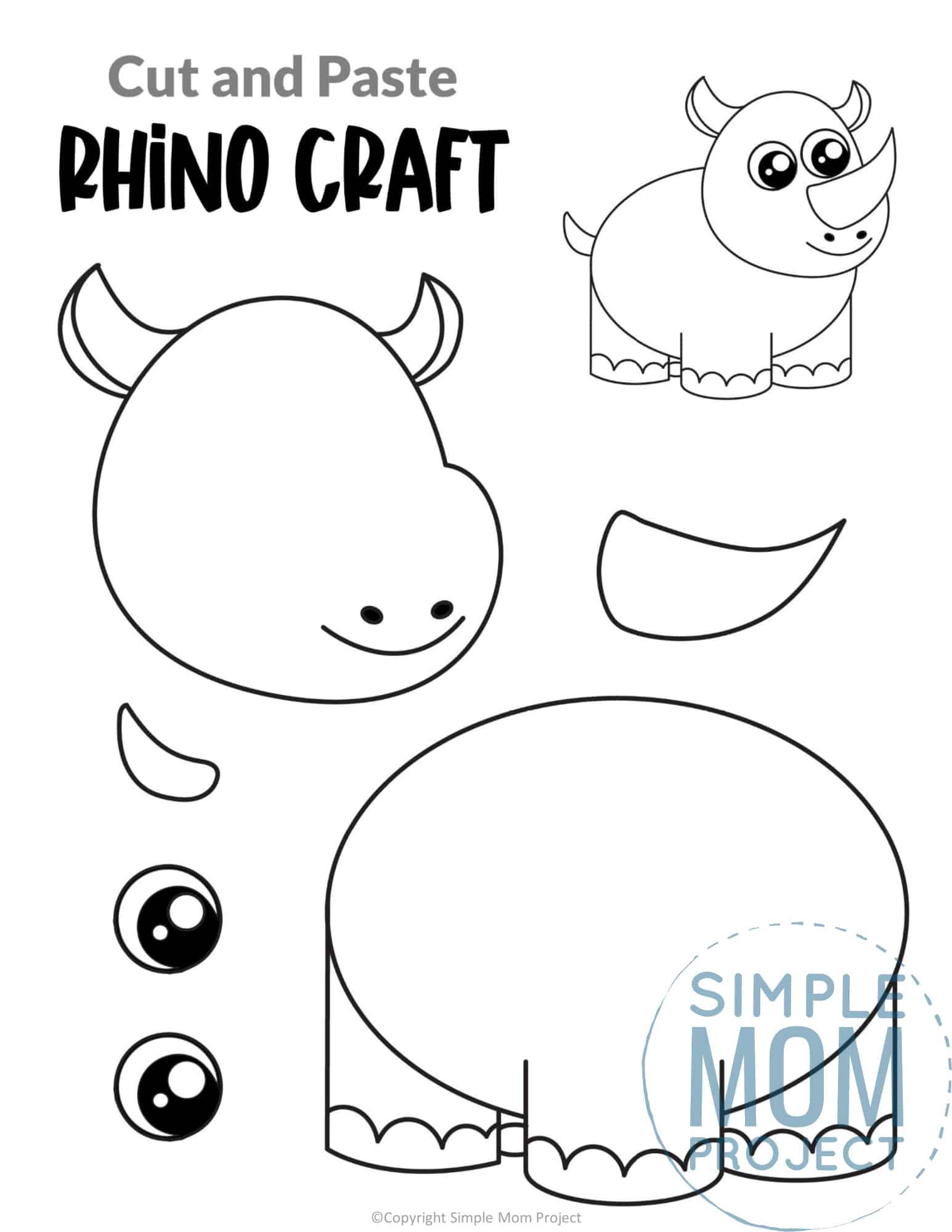 Rhino Cut and Paste Craft for Toddlers, Preschoolers and Kindergarteners
