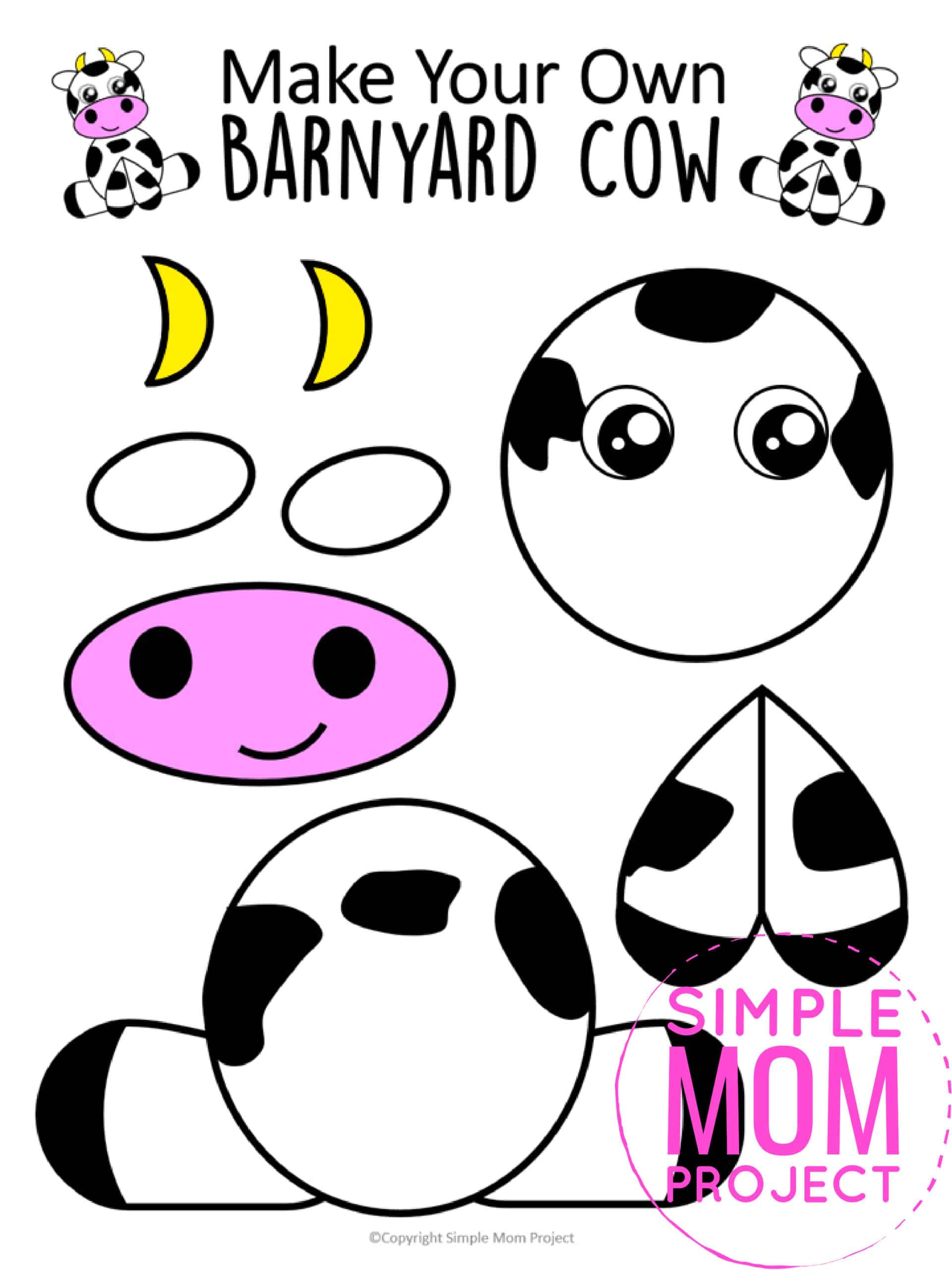Free Printable Cow Craft template for kids preschoolers toddlers
